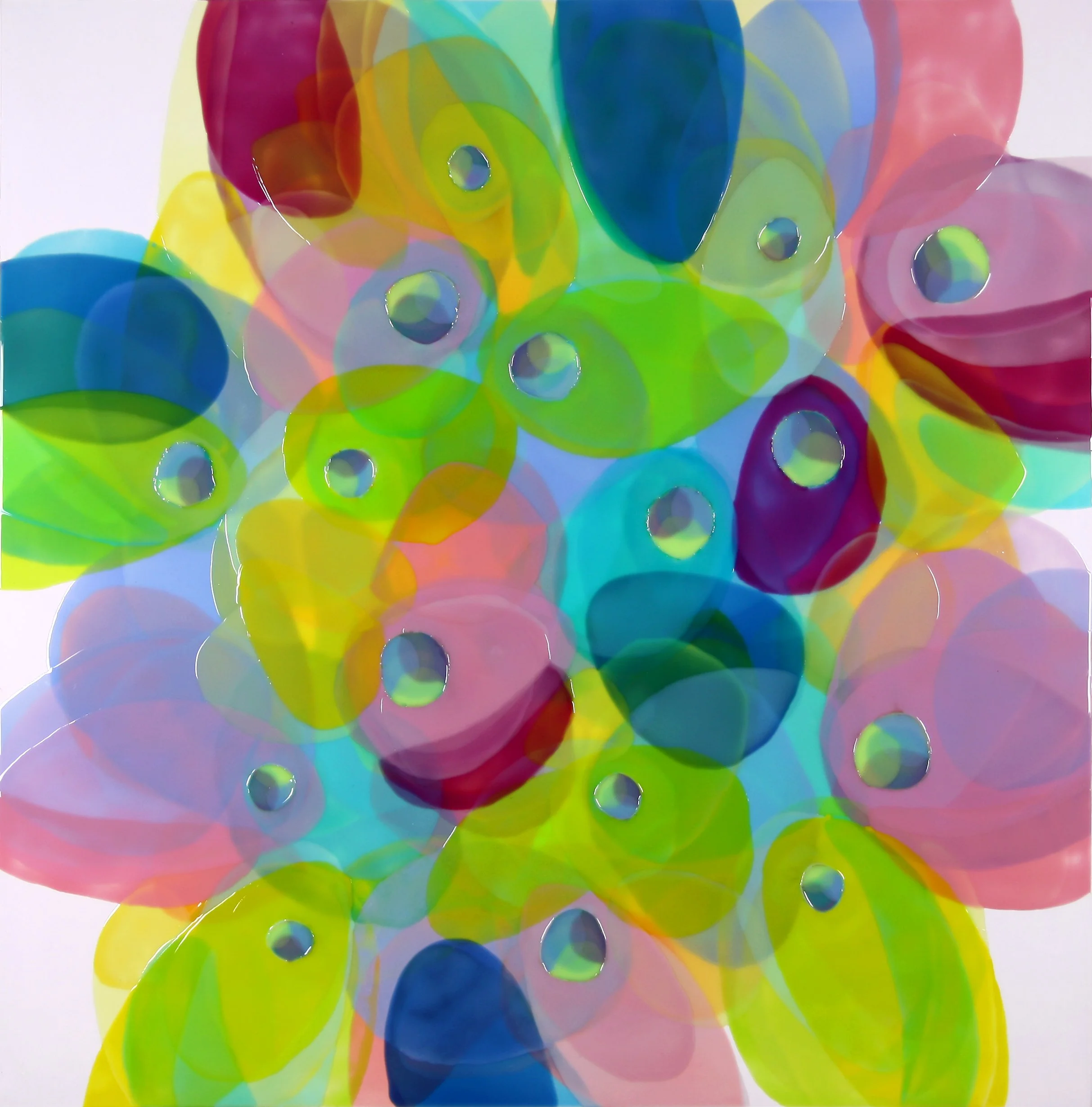 BUBBLE ABSTRACTION, Oil and epoxy resin, acrylic background on wood, 36 x 36 inches, 2026 | Available in Studio 