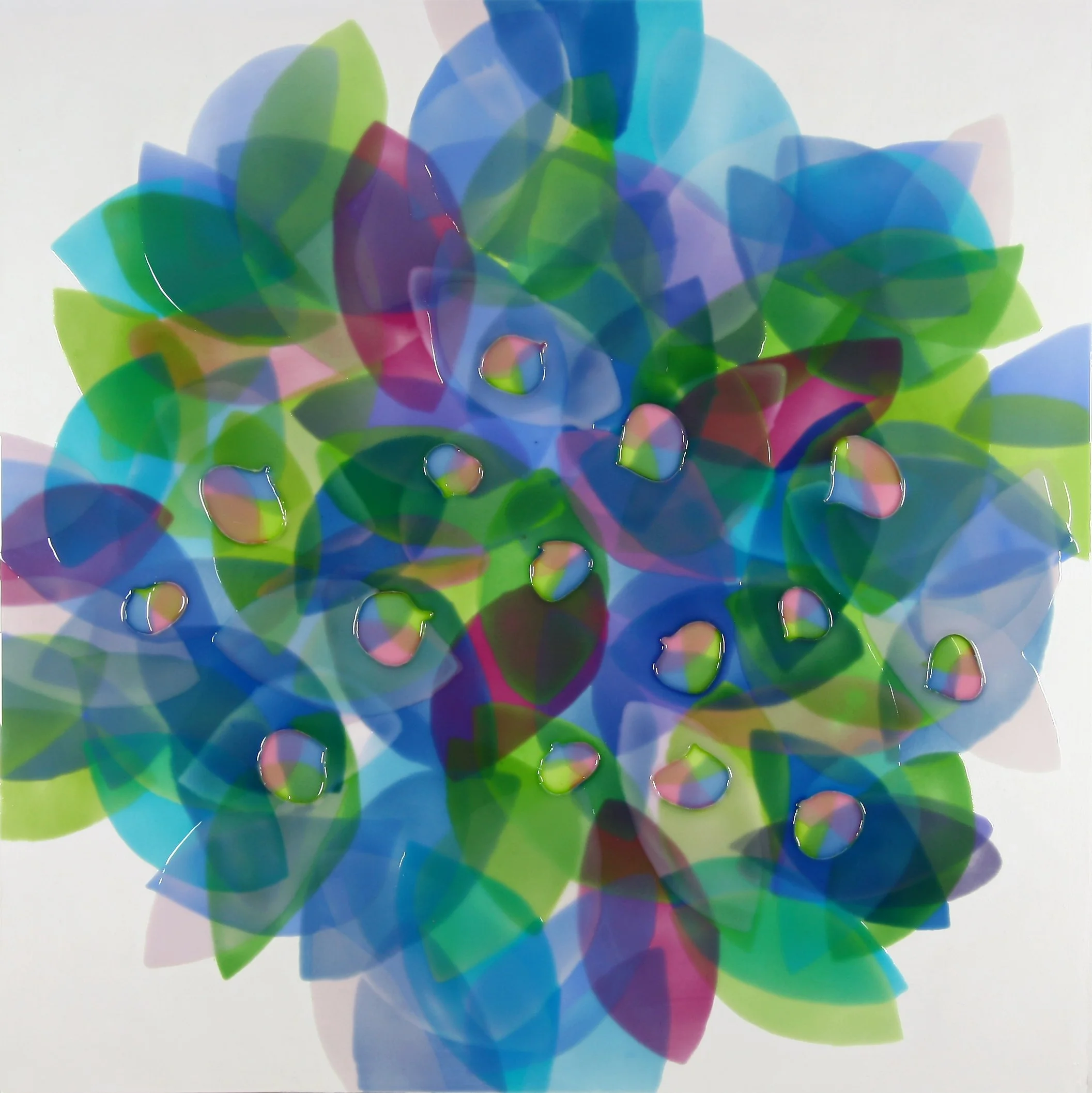 PLETHORA, Oil and epoxy resin, acrylic background on wood, 36 x 36 inches, 2026 | Available in Studio 