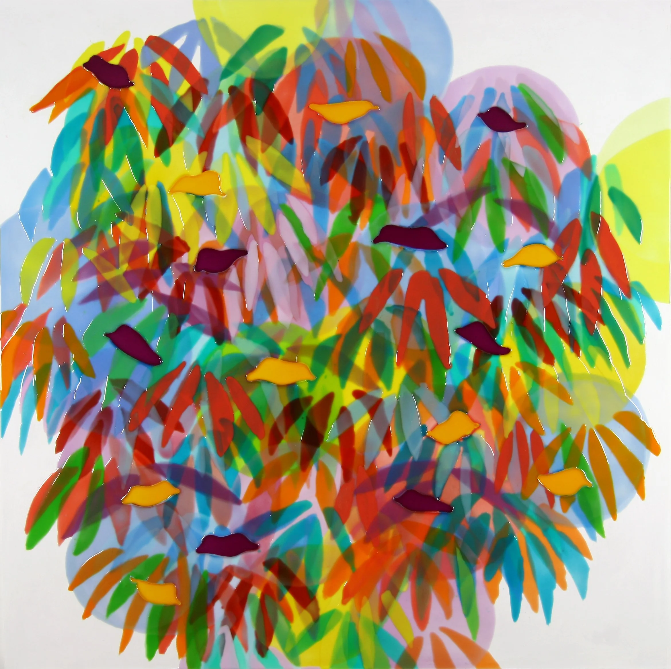 BIRDSONG MORNING, Oil and epoxy resin, acrylic background on wood, 40 x 40 inches, 2026 | Available in Studio 