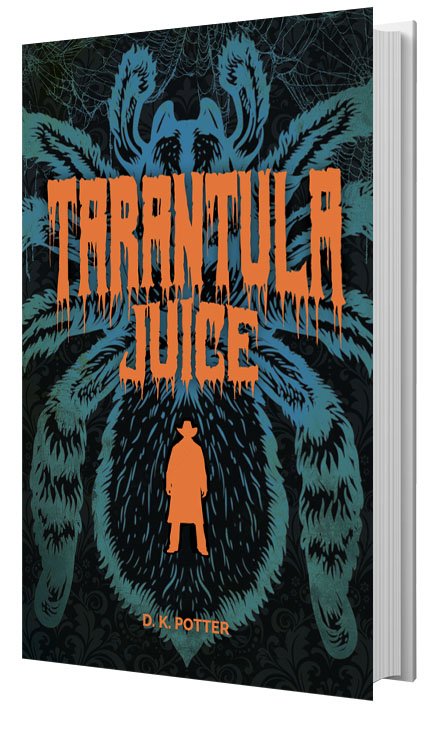 Book cover titled 'Terrorula Juice' by D.K. Potter, featuring a large blue spider with intricate web details in the background, and a small silhouette of a person at the bottom.