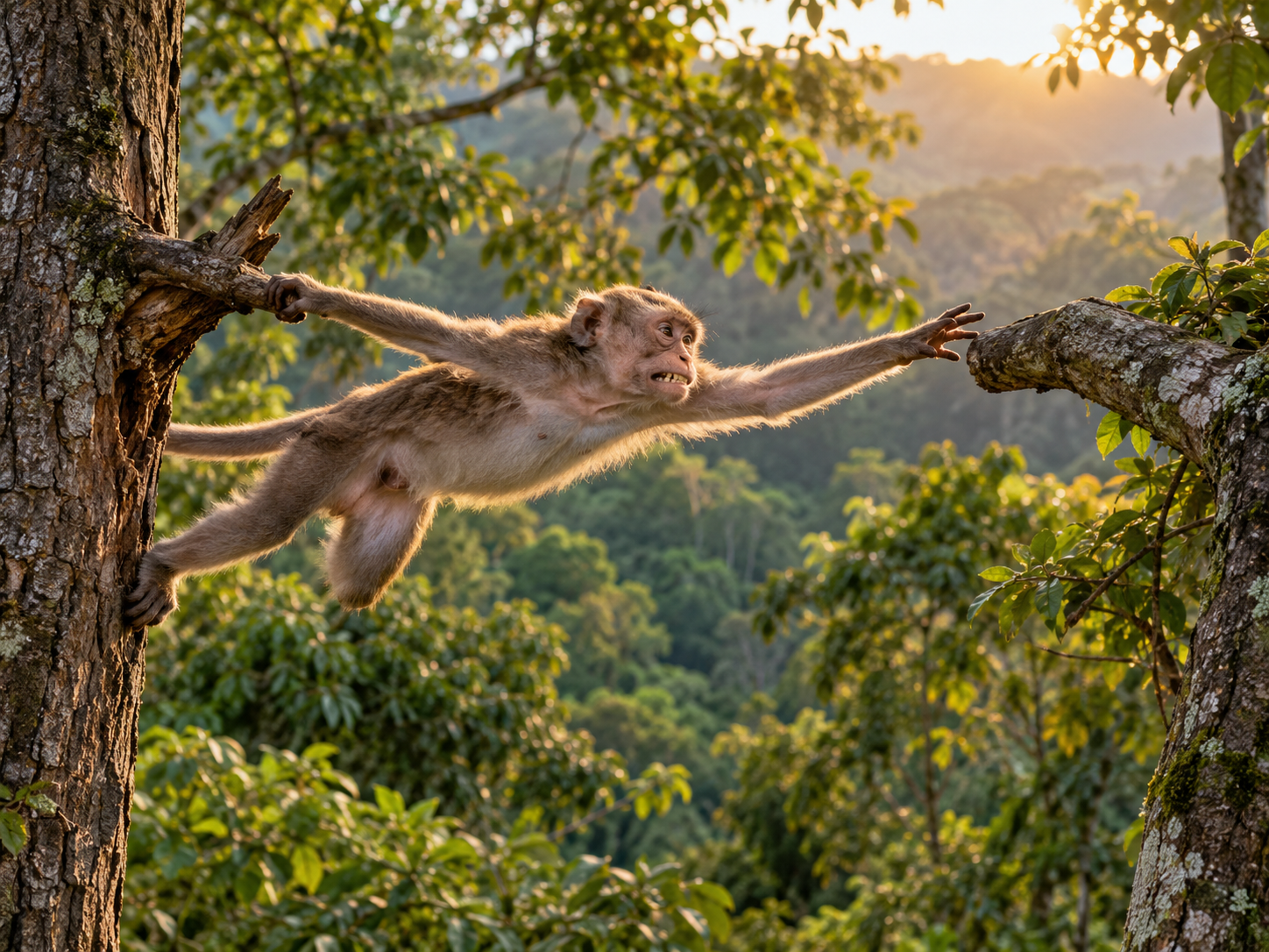 A monkey reaching towards another tree while letting go of its previous branch, representing moving on from something familiar.