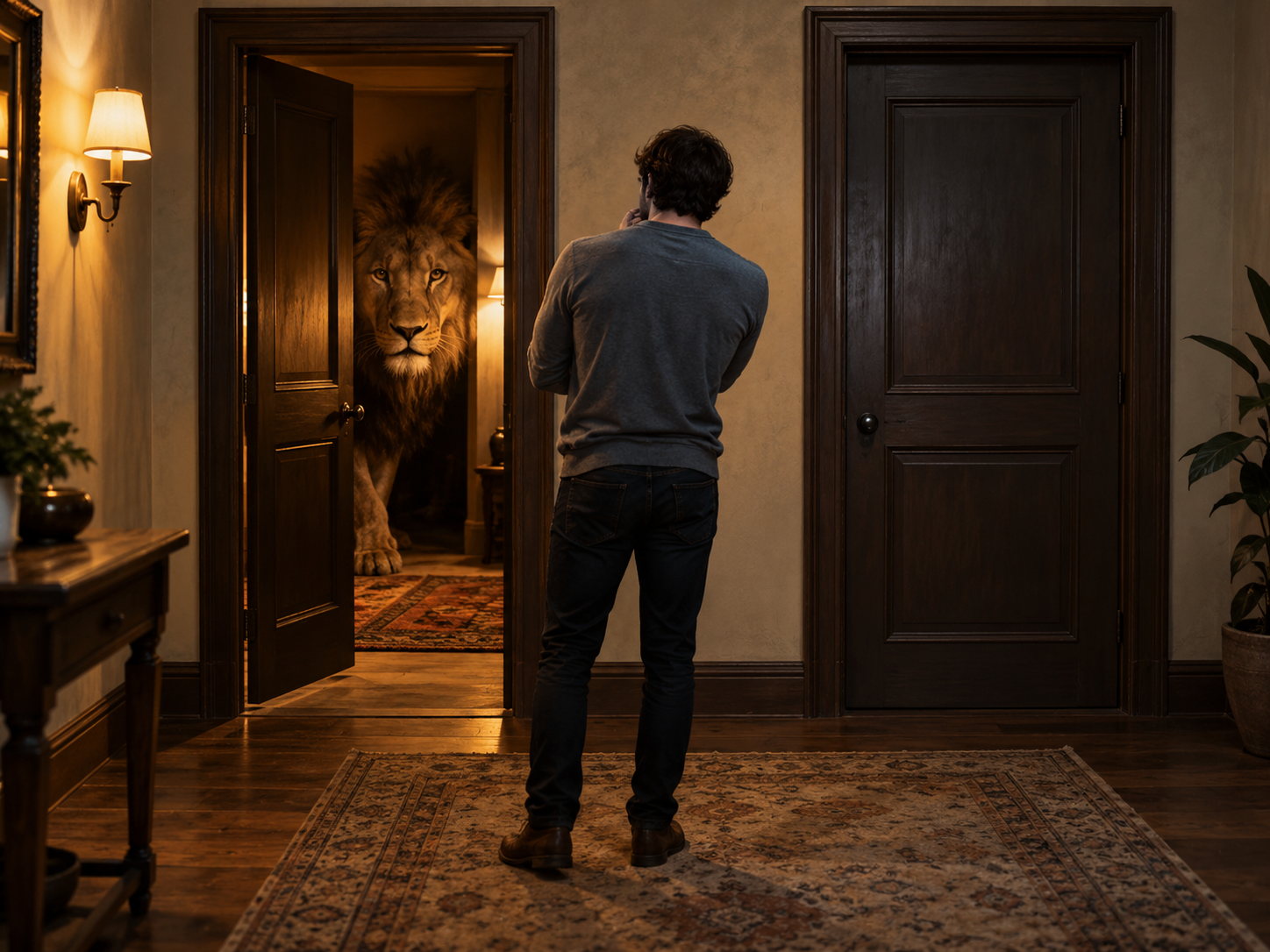 A man choosing between two doors, with a lion visible behind one door, illustrating how familiar situations can sometimes feel safer than the unknown.