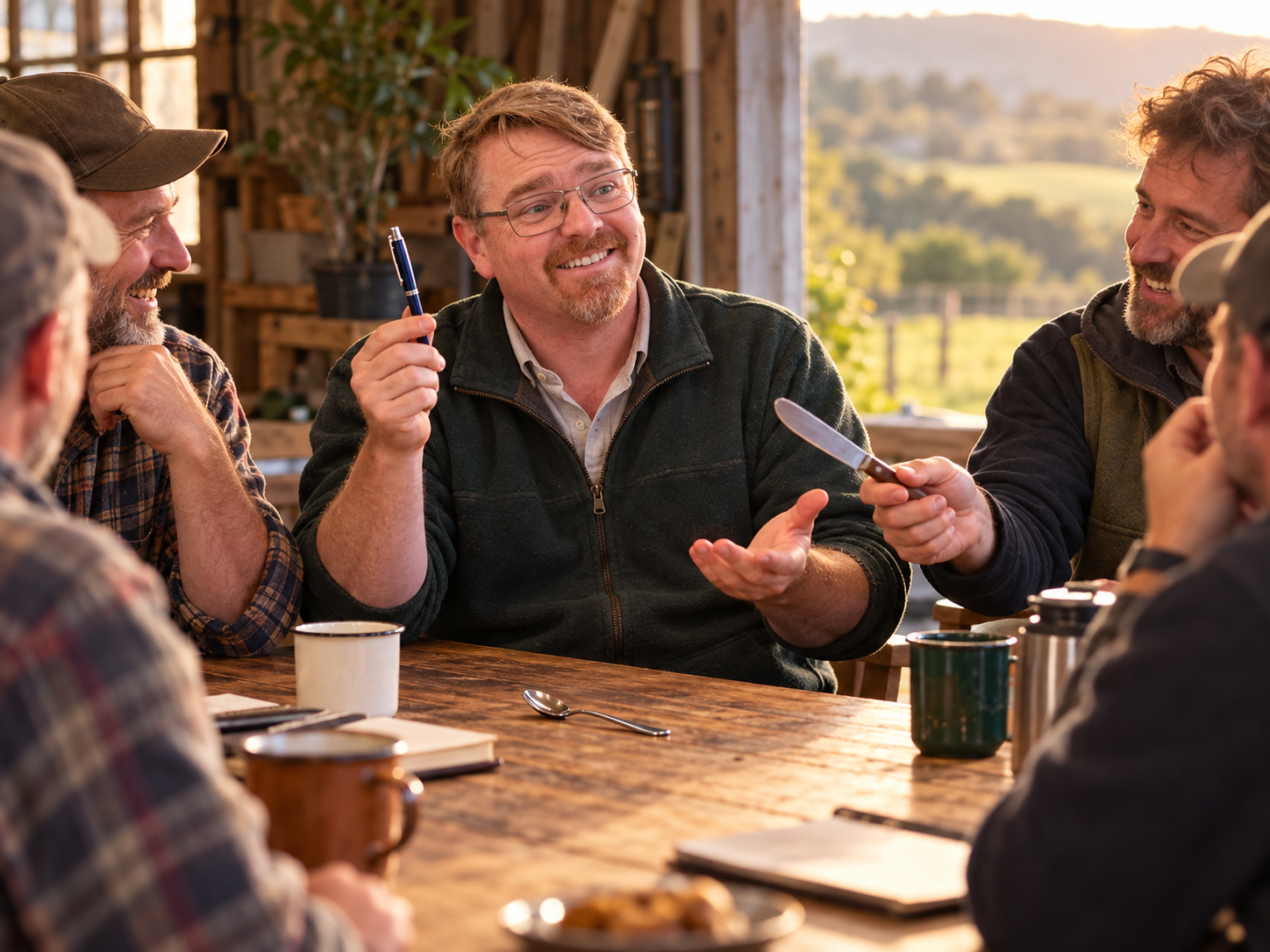 A humorous Men’s Group illustration showing a pen, spoon and knife as a metaphor for focusing on what you actually want.