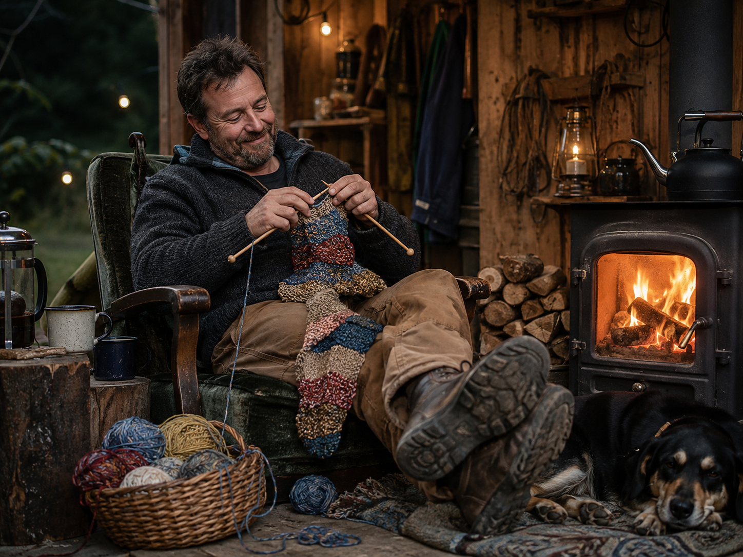 A relaxed man sitting beside a fire and happily knitting simply because he enjoys it.