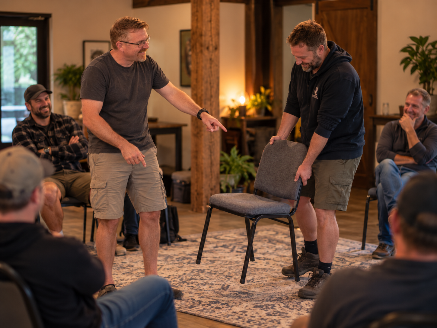 Scott at Speak Up Cambridge asking a man to try to pick up a chair during a Men’s Group discussion.