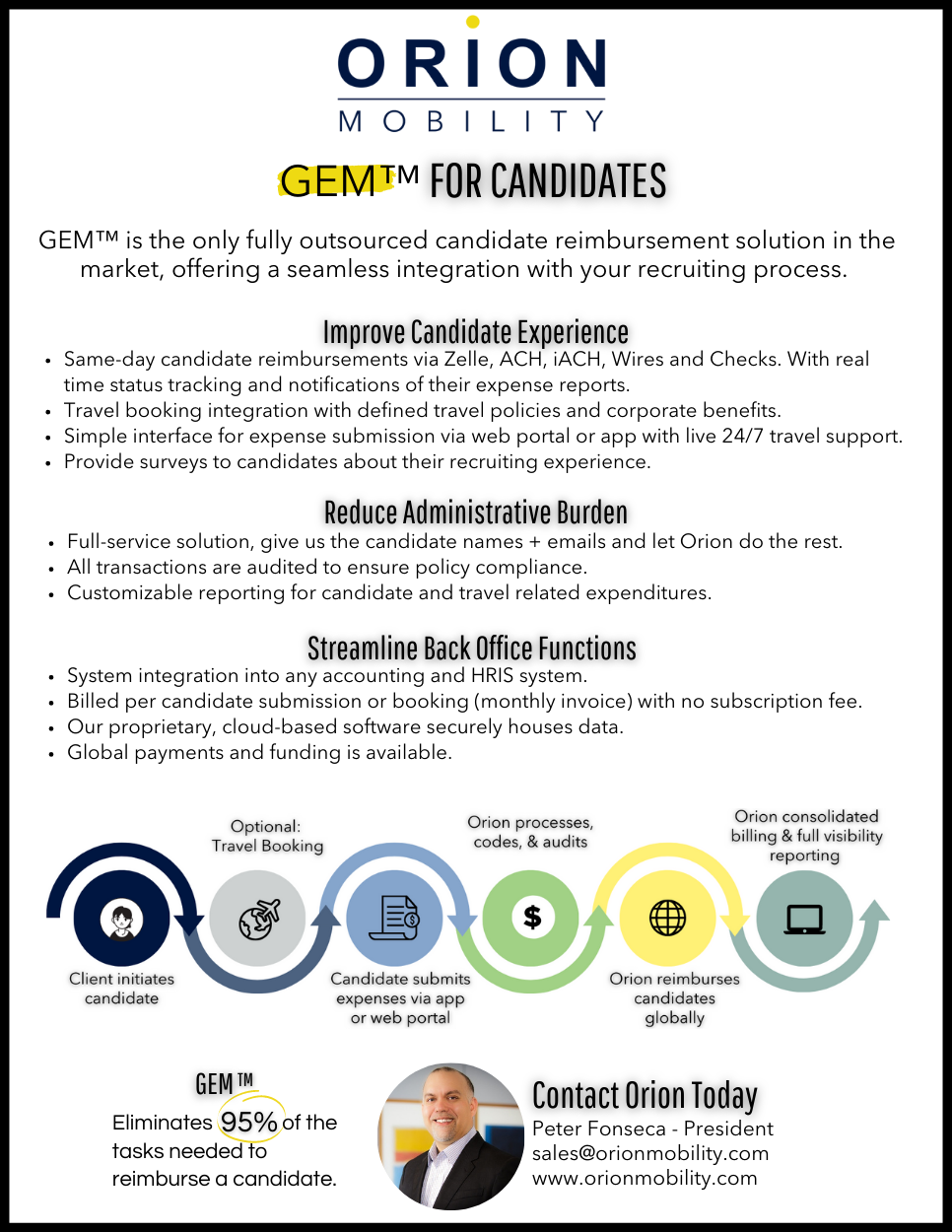 Diagram illustrating the client onboarding process for Orion Mobility, from client initiates candidate, optional travel booking, candidate submits expenses via app or web portal, Orion processes codes and audits, Orion reimburses candidates globally, to Orion consolidates billing and full visibility reporting, with a photo of a smiling man in business attire at the bottom.