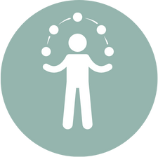 Icon of a person with arms raised, surrounded by a network of interconnected dots