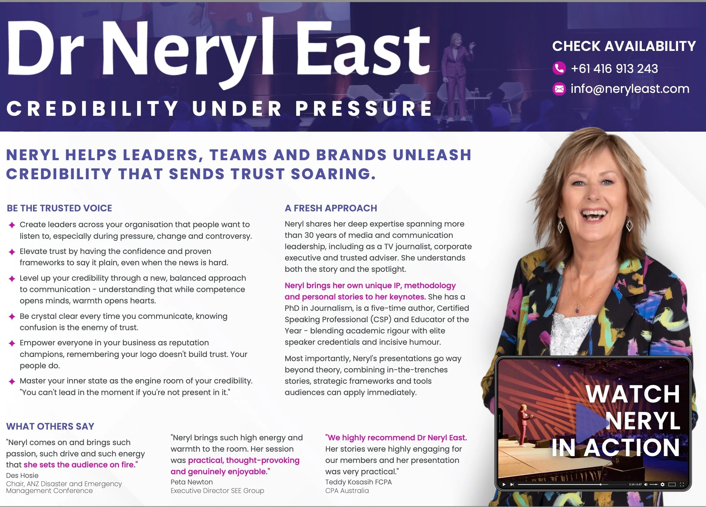 A picture of Dr Neryl East's speaker one sheet