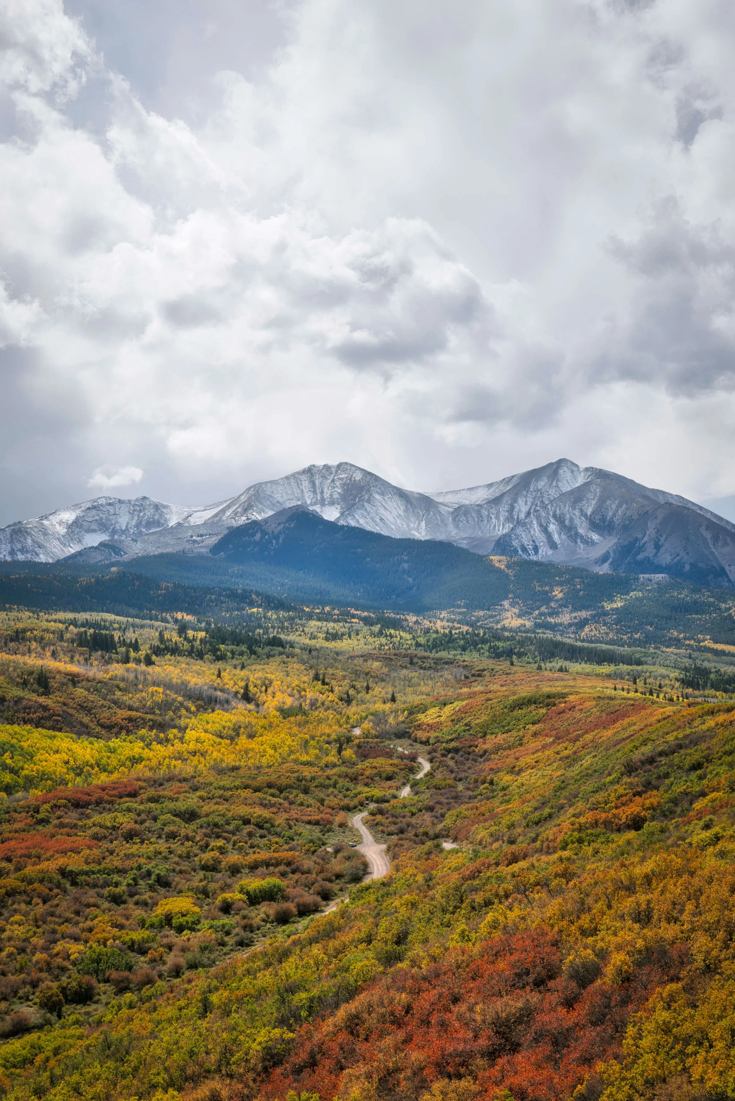 Scenic view of a mountain range with snow-capped peaks, a cloudy sky, and rolling hills with autumn-colored trees and a winding dirt path.