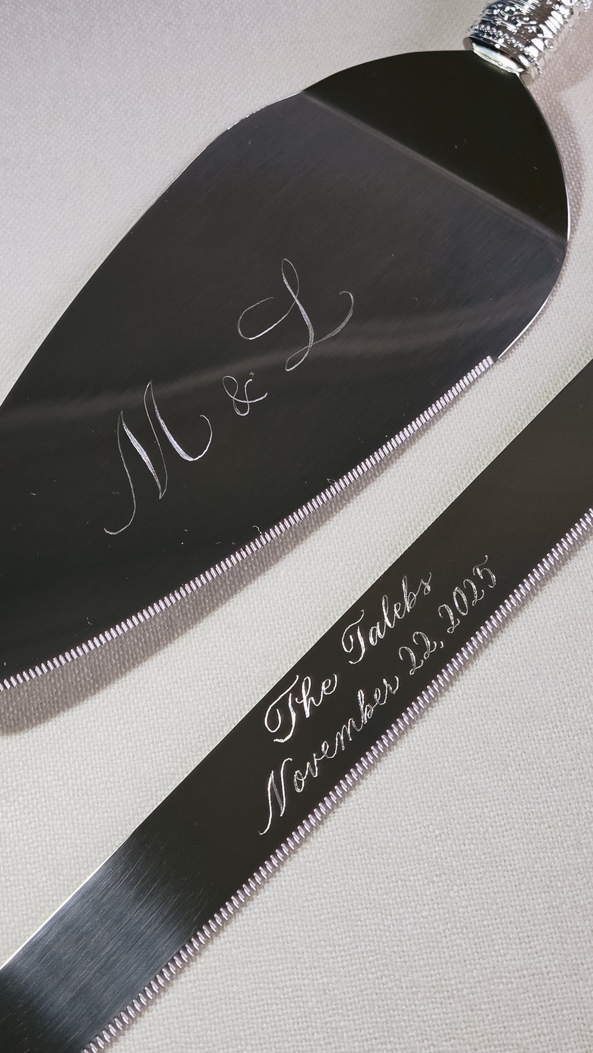 Hand engraved with calligraphy wedding knife set in beautiful calligraphy script.