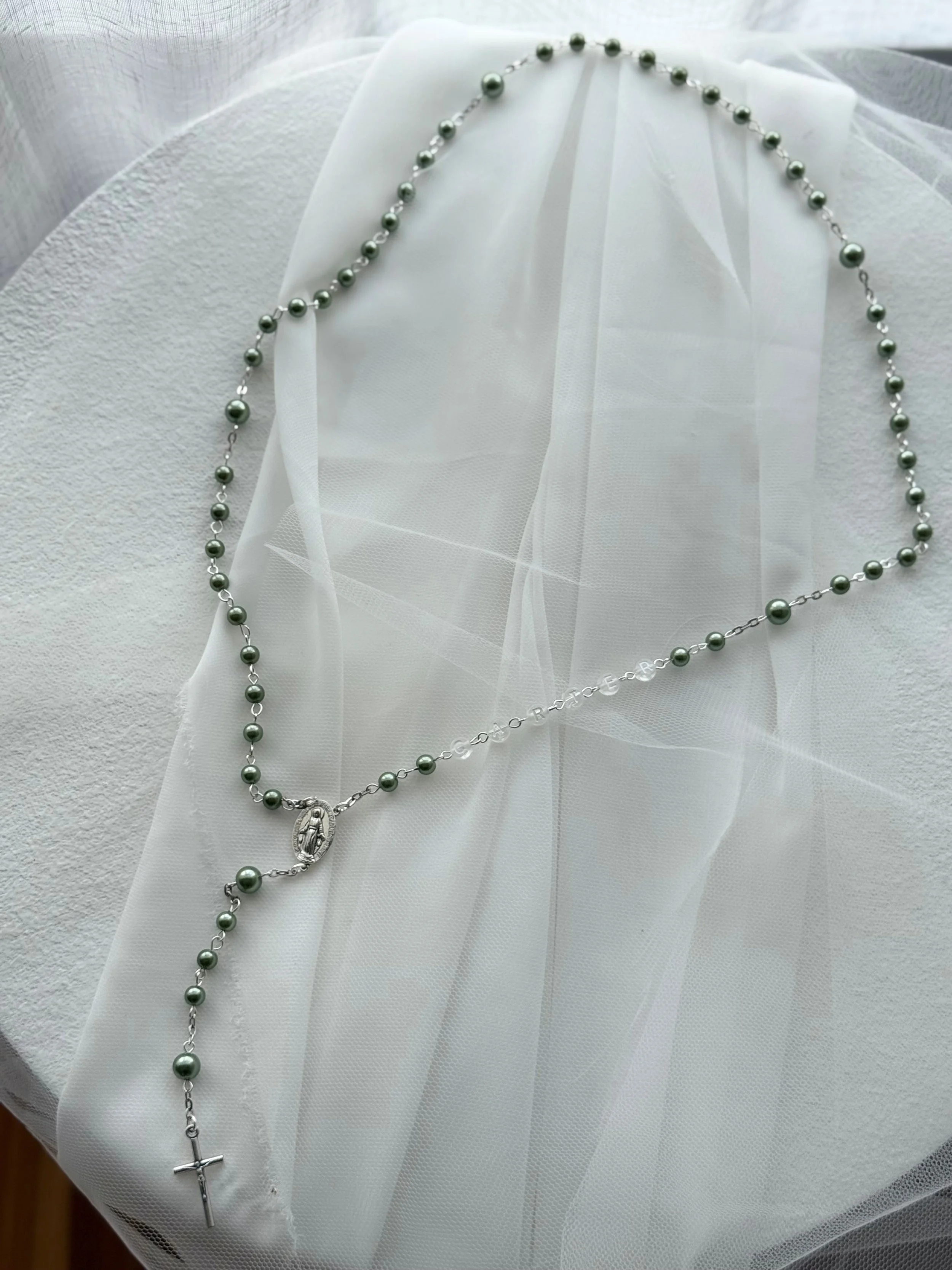 Sage green personalised rosary beads Catholic keepsake Australia baptism communion rosary gift