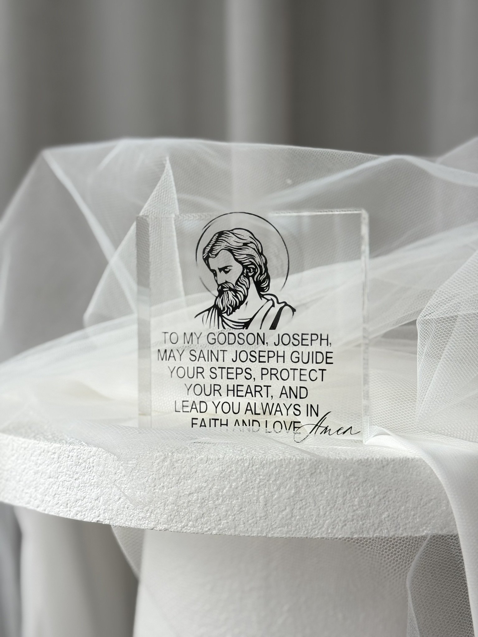 Catholic saint acrylic keepsake personalised name