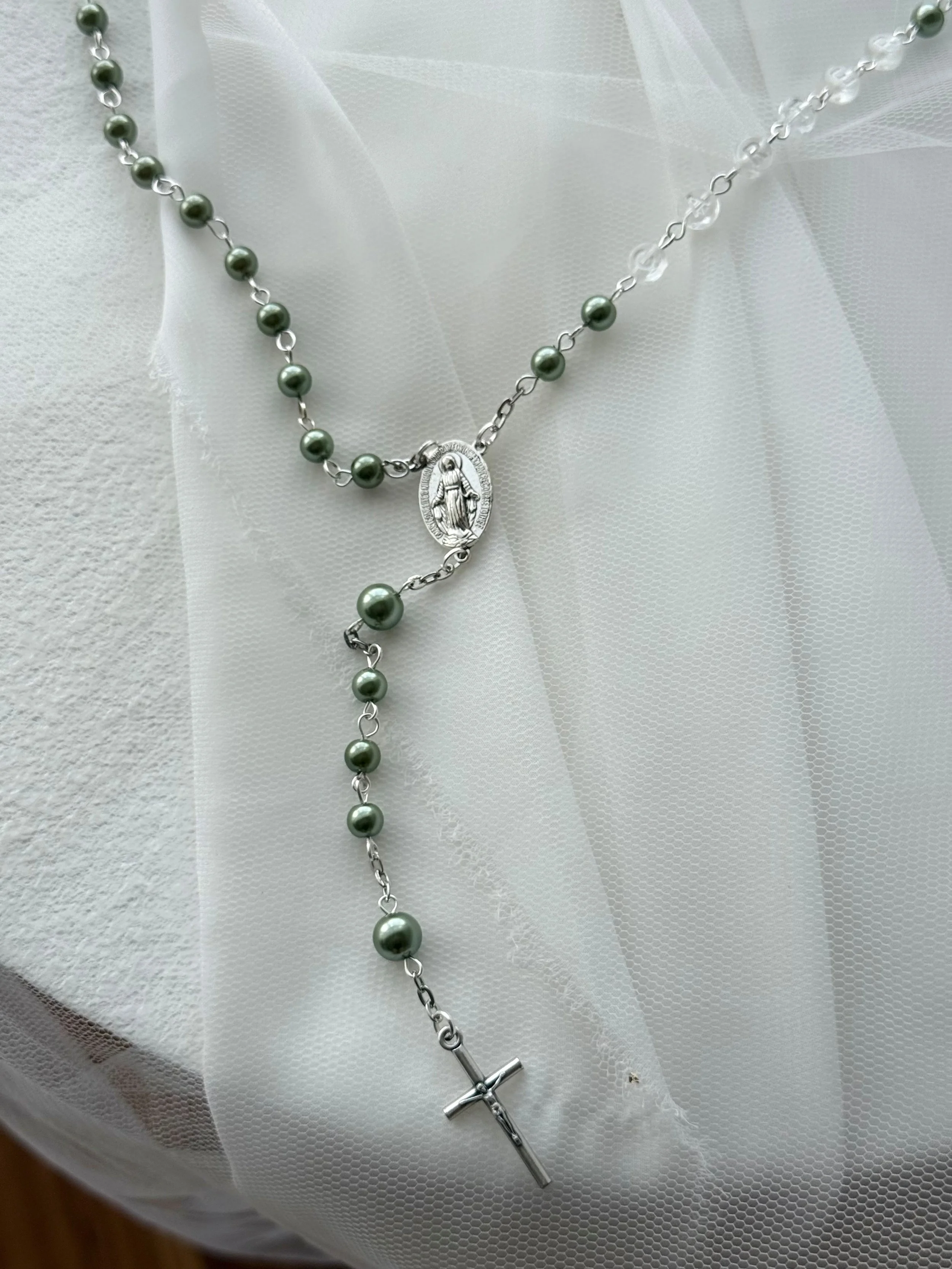 Personalised sage green rosary beads elegant Catholic baptism or christening keepsake