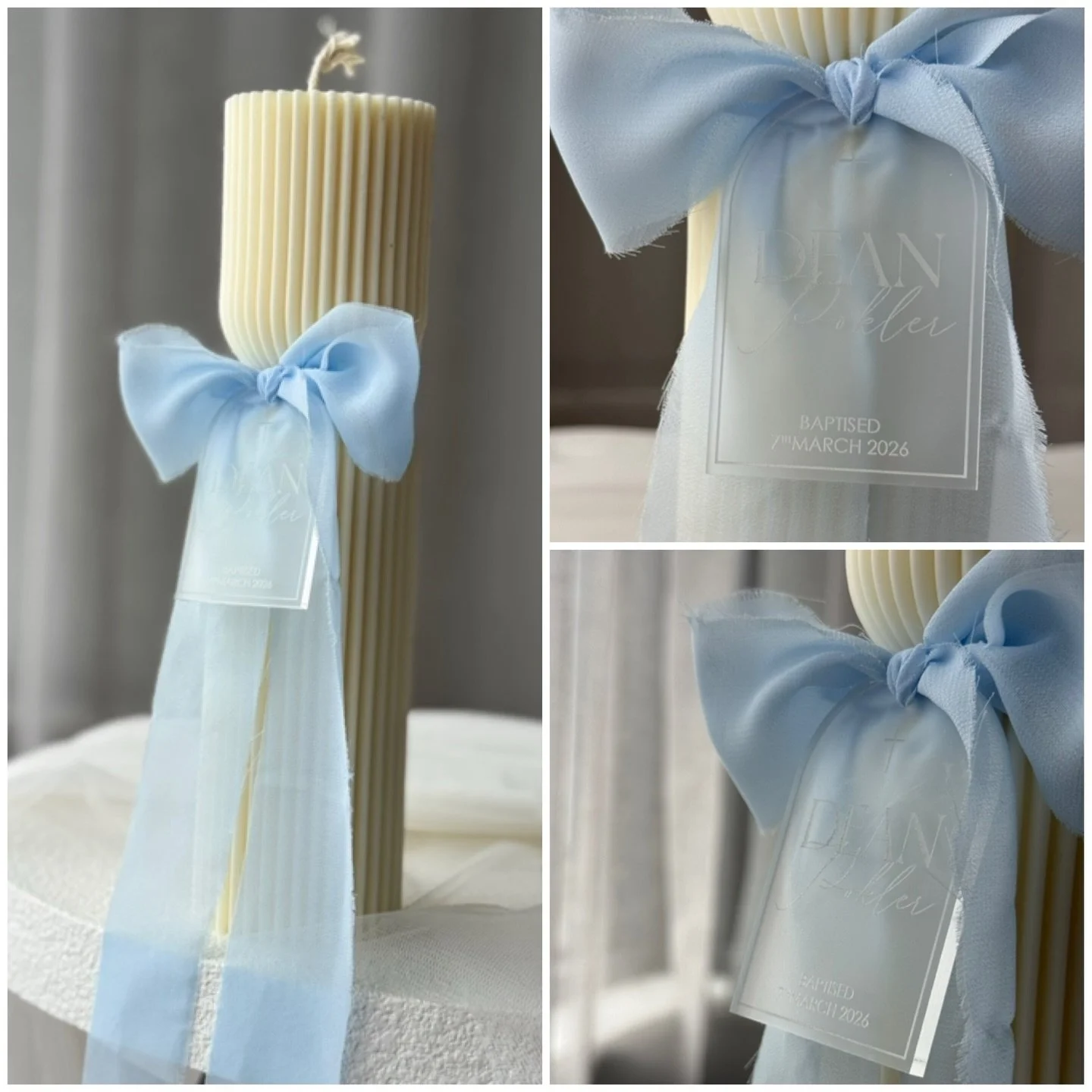 Dean 💙 Hand-poured Hourglass Baptism candle 🕯️ 

Order through website or DM!