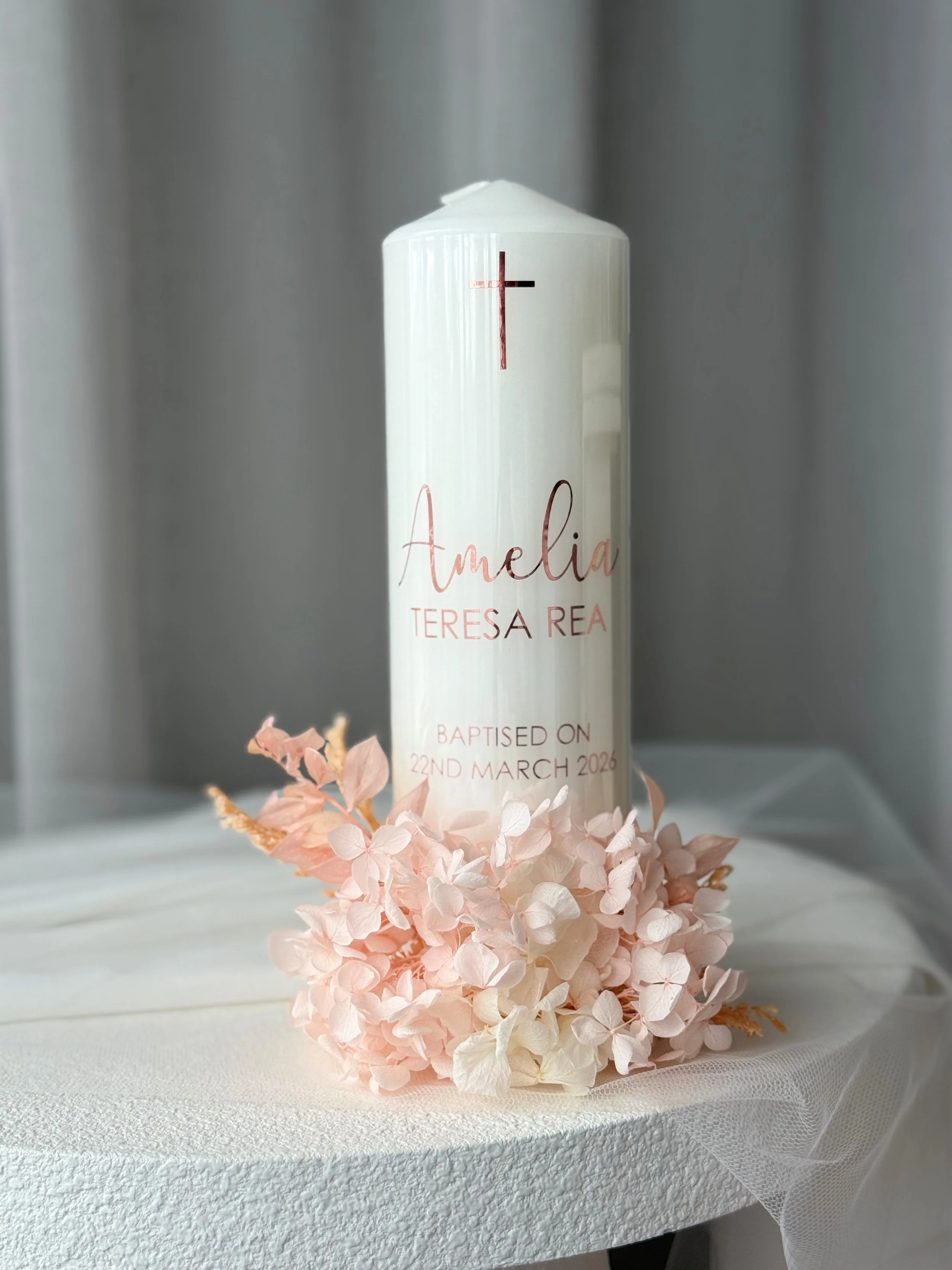 Personalised preserved flower baptism candle Australia Catholic christening candle keepsake