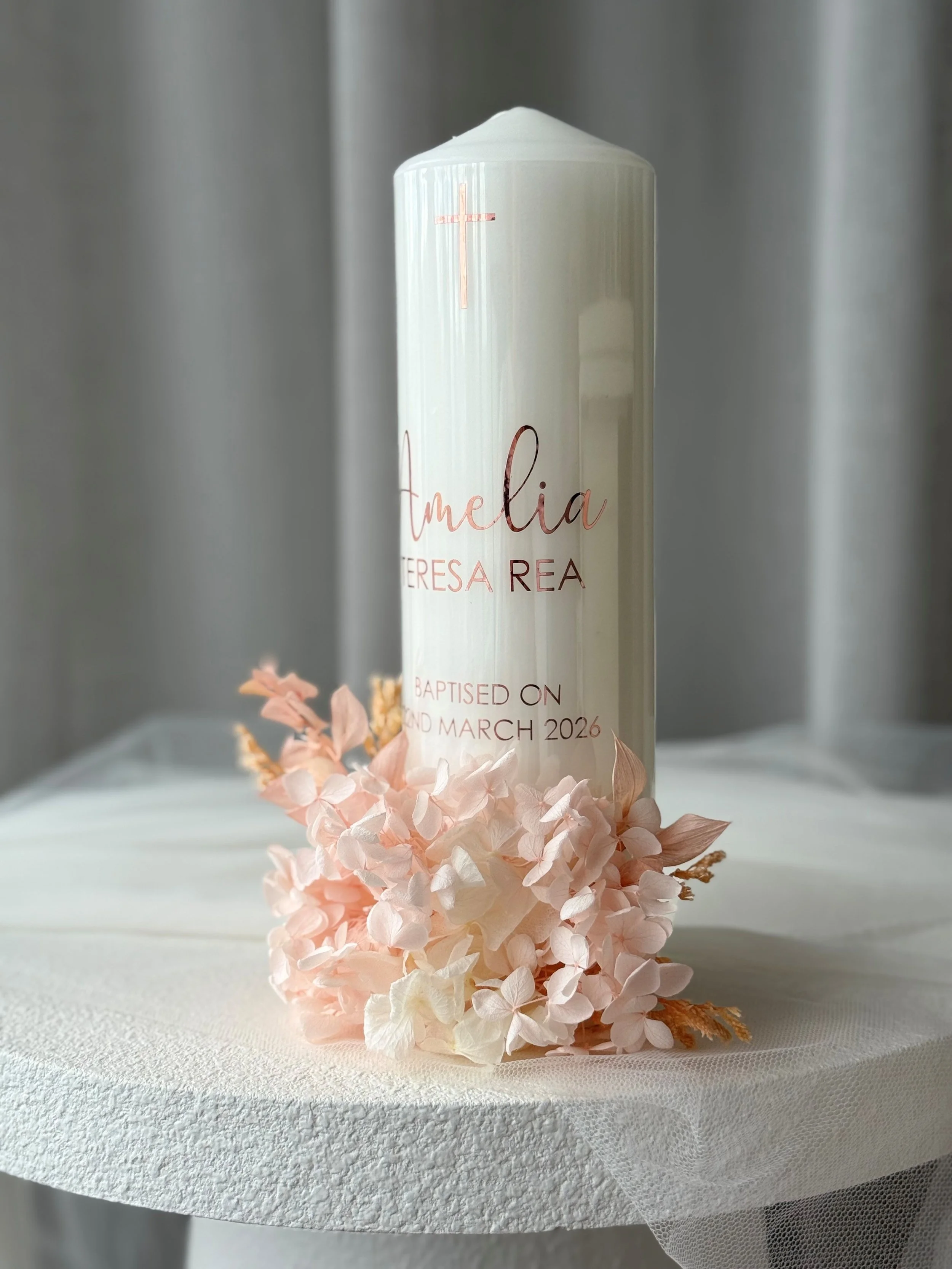 Elegant catholic baptism candle with preserved flowers handmade in Australia