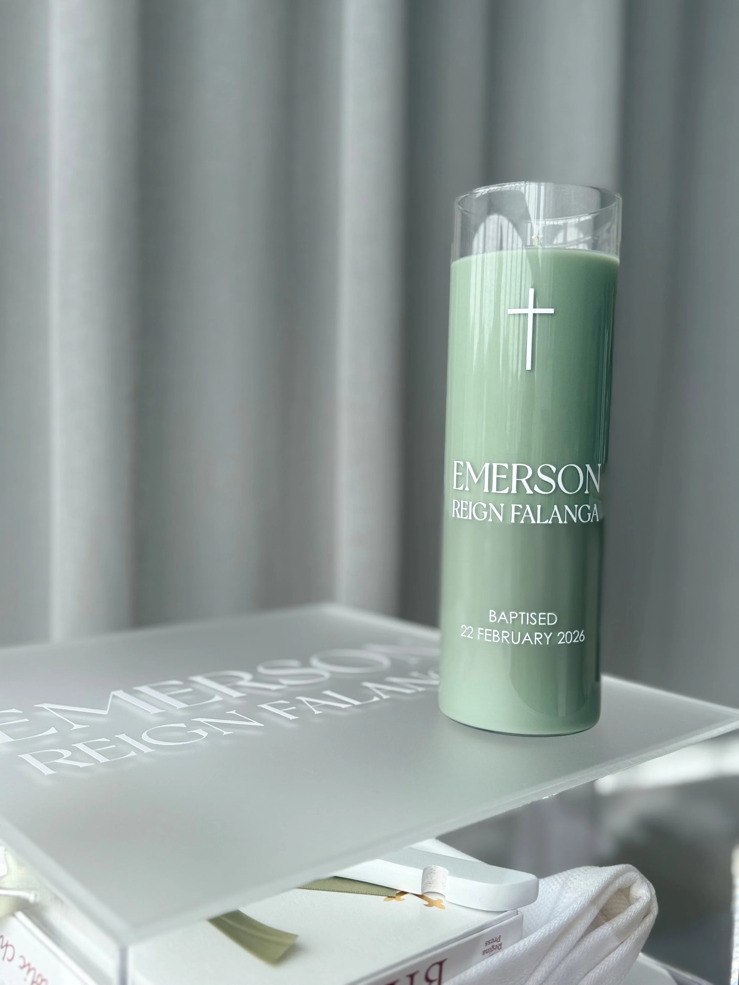 Sage Green Glass Baptism Candle