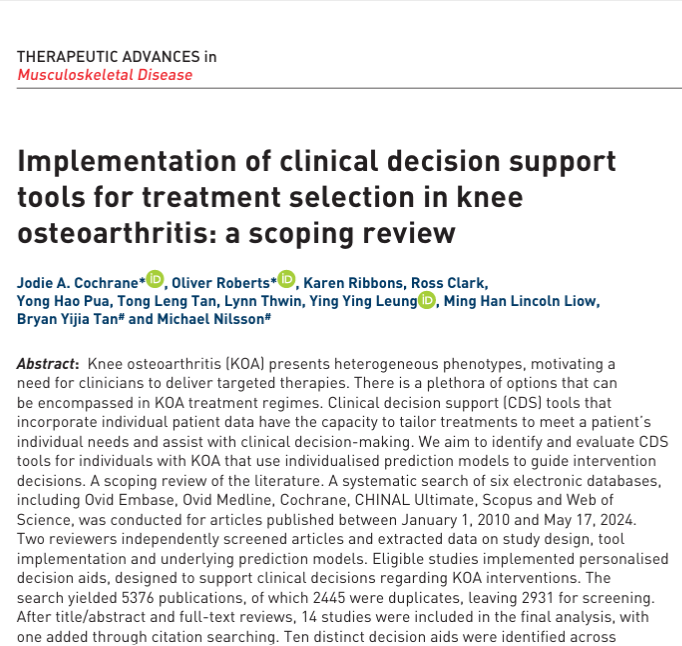 Implementation of clinical decision support tools for treatment selection in knee osteoarthritis: a scoping review