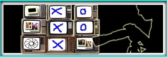 A digital illustration of nine vintage television screens arranged in a 3x3 grid, displaying various symbols, photos, and graphics. An arrow is pointing towards the bottom right TV, which shows a silhouetted figure pointing or reaching.