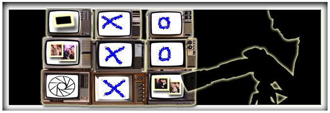 Multiple vintage televisions arranged in a grid displaying tic-tac-toe game, with one TV showing a camera shutter icon and a silhouette of a photographer with a camera  pointing at the screens on the right side.