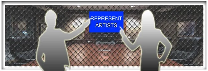 Two silhouettes of people standing in front of a chain-link fence, holding a sign that says 'REPRESET ARTISTS.'