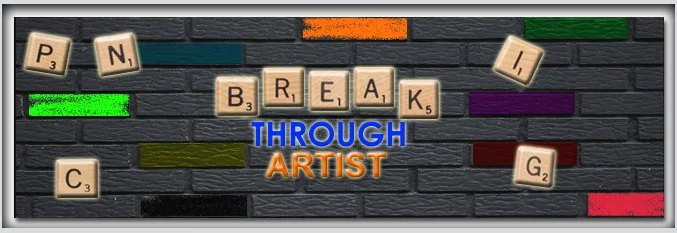 Scrabble tiles spelling 'PERSONAL BREAK THROUGH ARTIST' on a black brick background with colored bars behind each word.