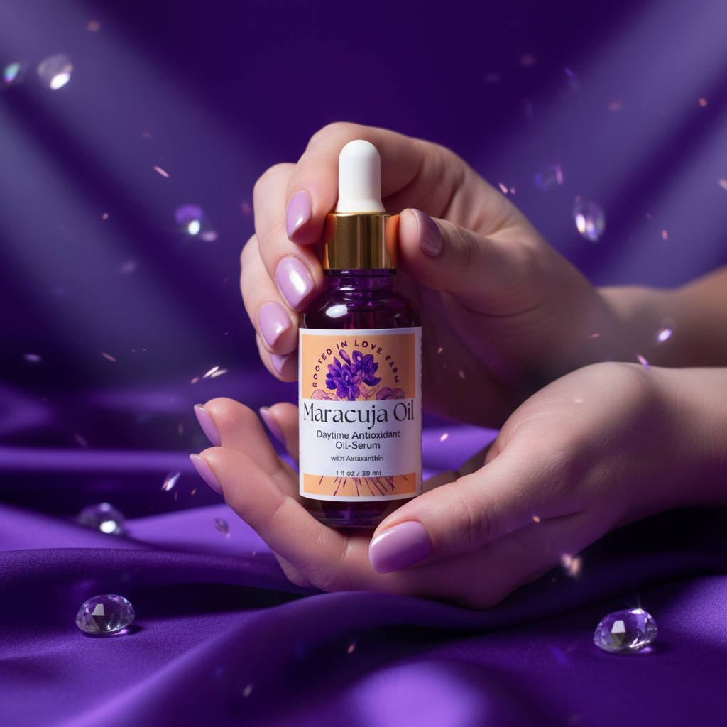 Woman's hands holding Maracuja Oil by Rooted in Love Farm with soft purple satin fabric background