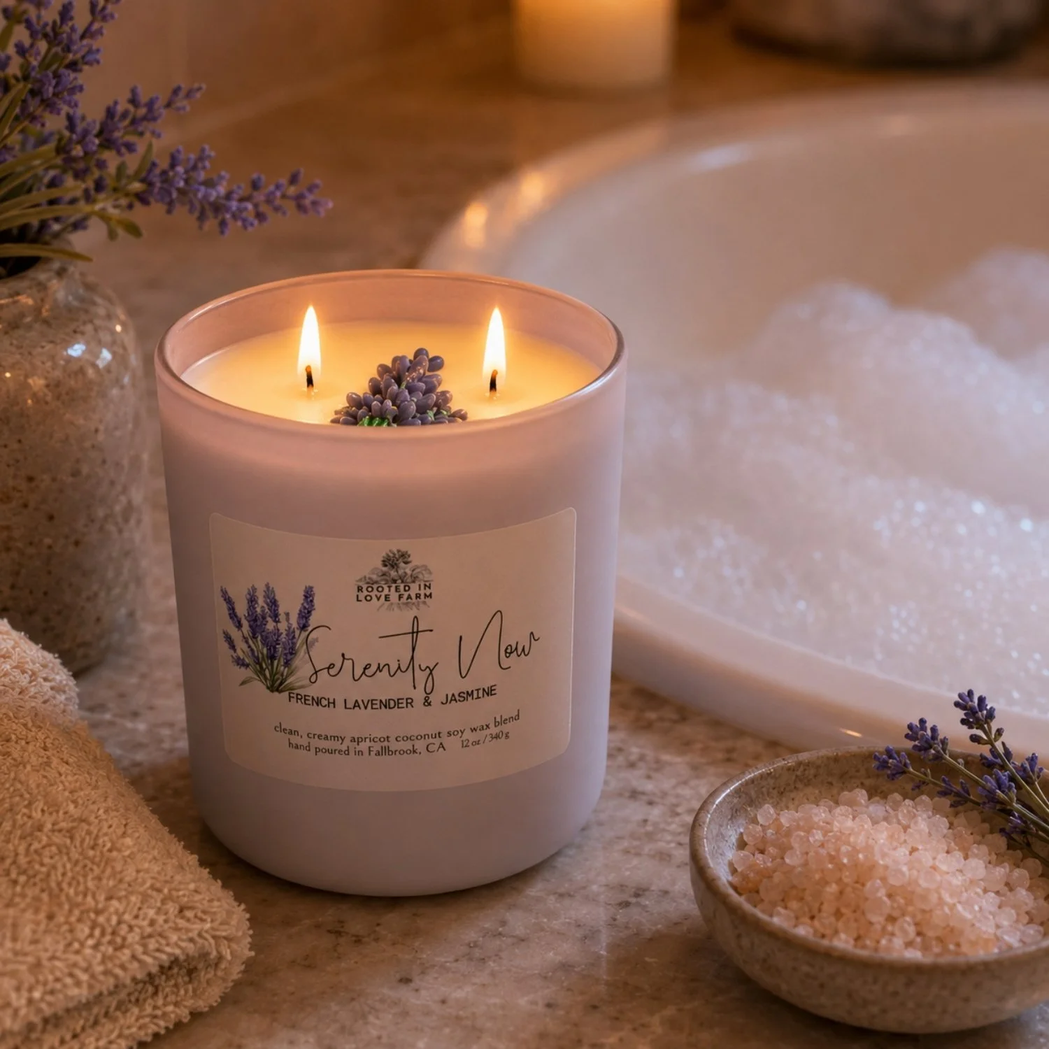 Serenity Now 12 oz candle lit with bubble bath background.jpg