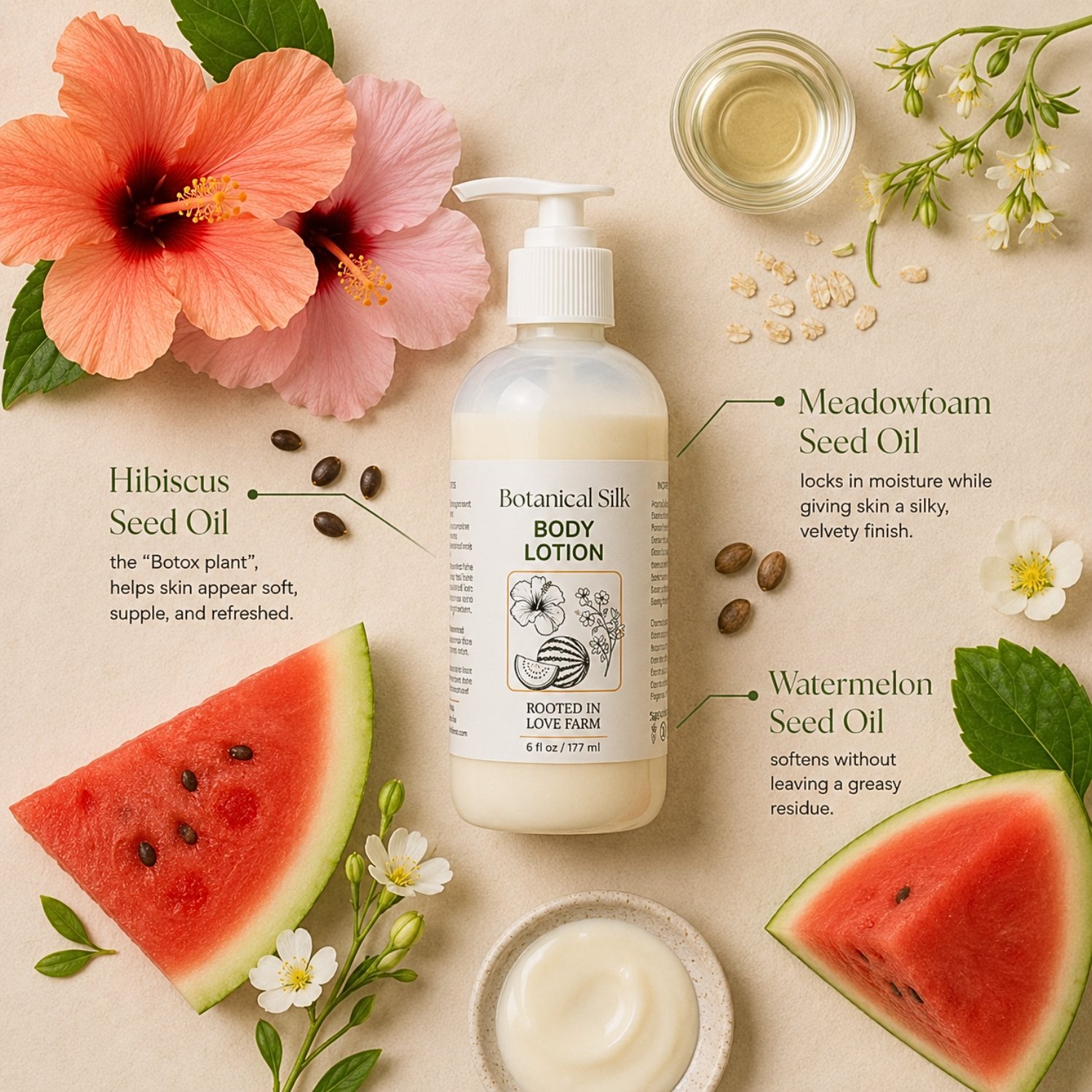 Botanical Silk Body Lotion flat lay with botanical call outs.jpg