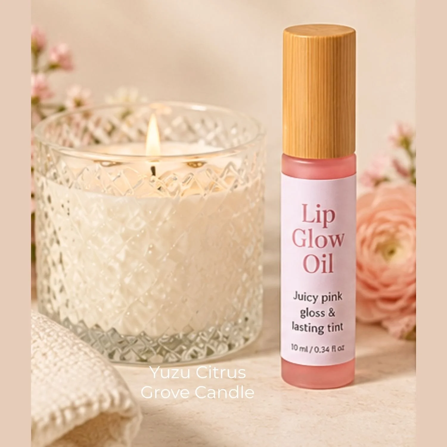 Lip Glow Oil with Yuzu Citrus Grove Candle in background.jpg