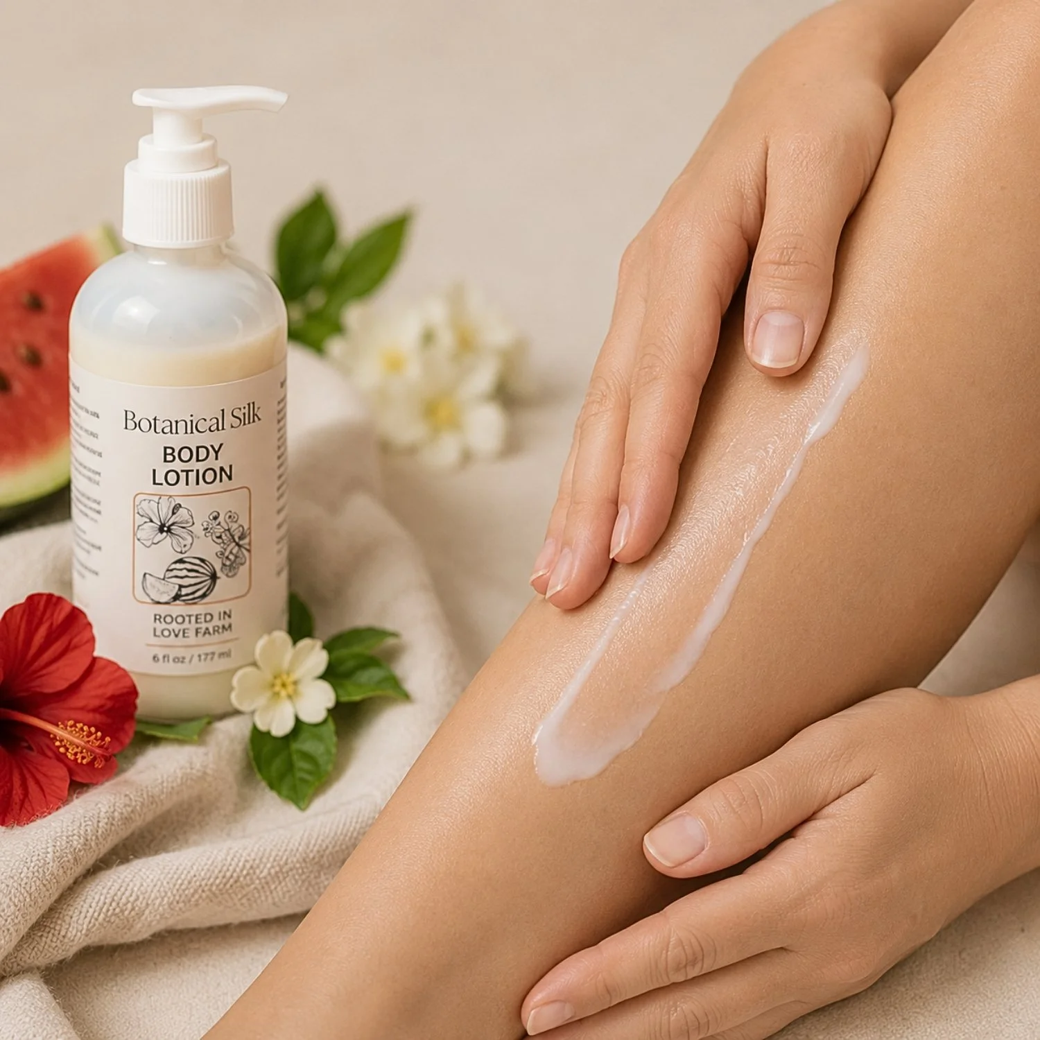 Botanical Silk Body Lotion being applied to leg.jpg