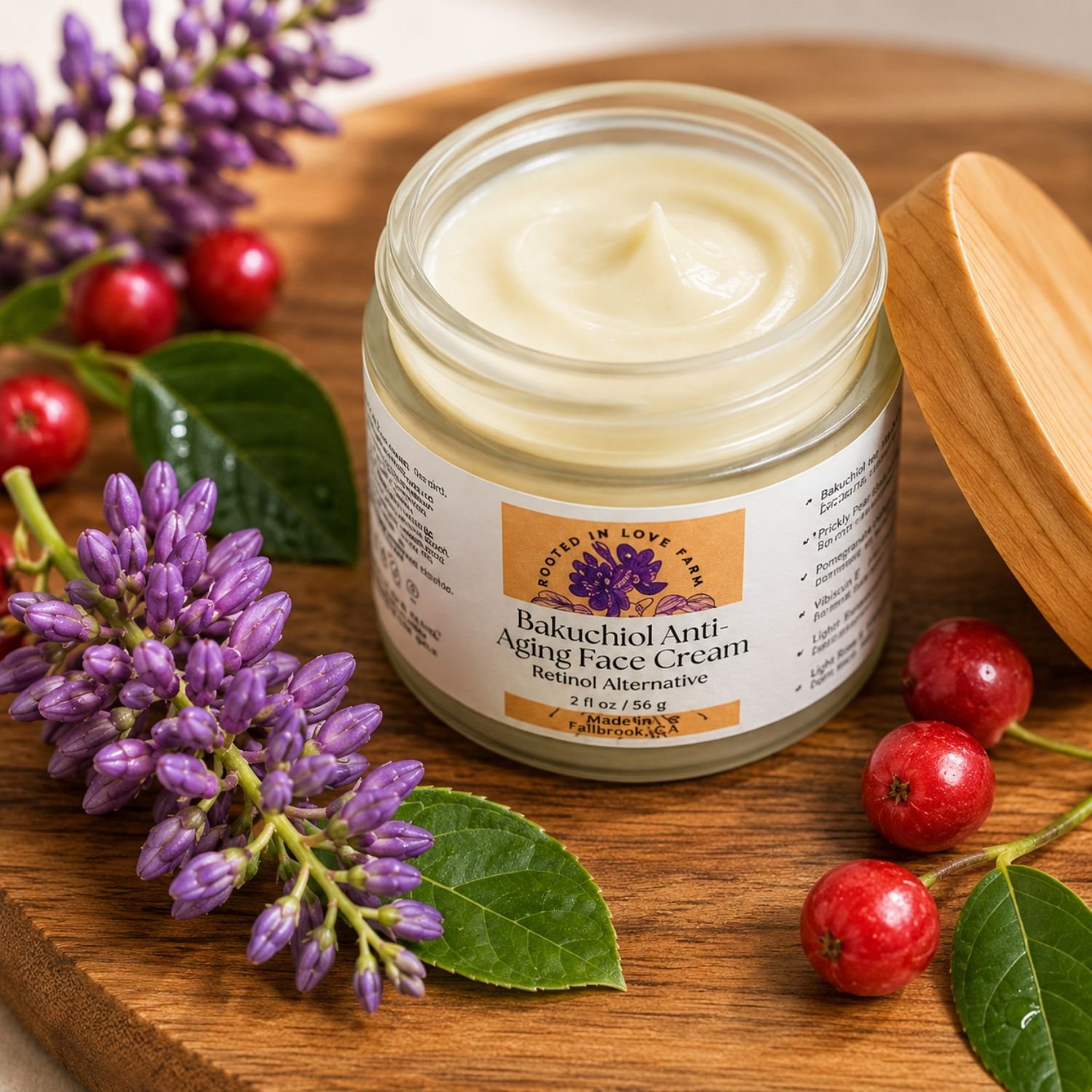 Bakuchiol Face Cream close up of open jar with botanicals in background.jpg