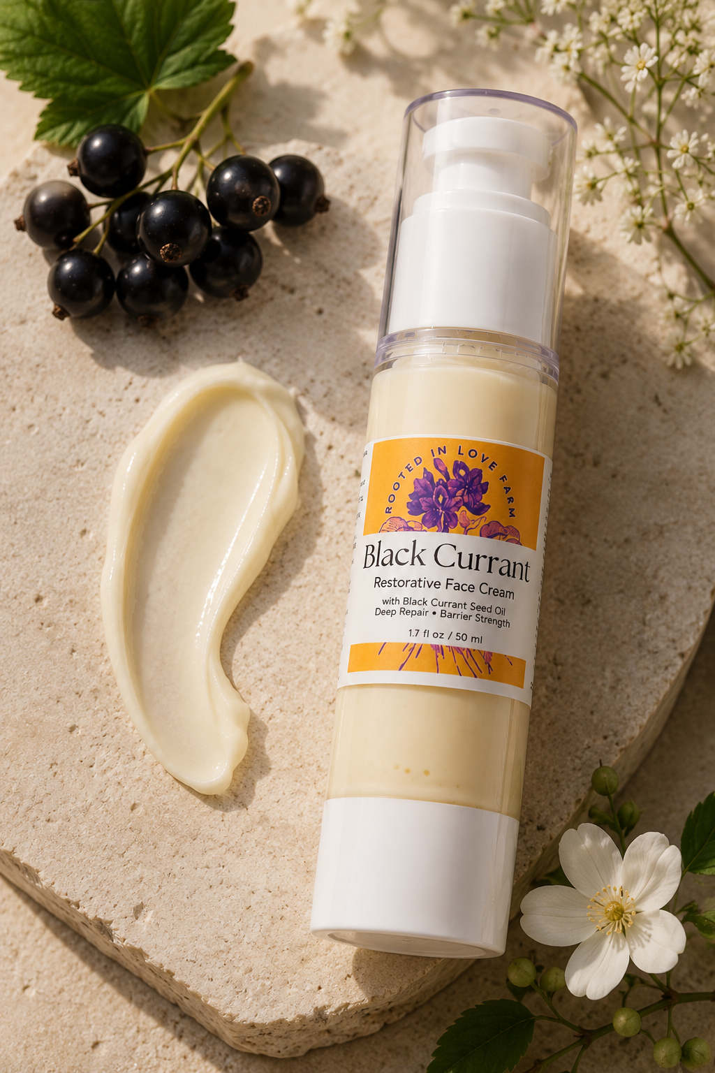 Black Currant Restorative Face Cream with Texture and botanicals.png