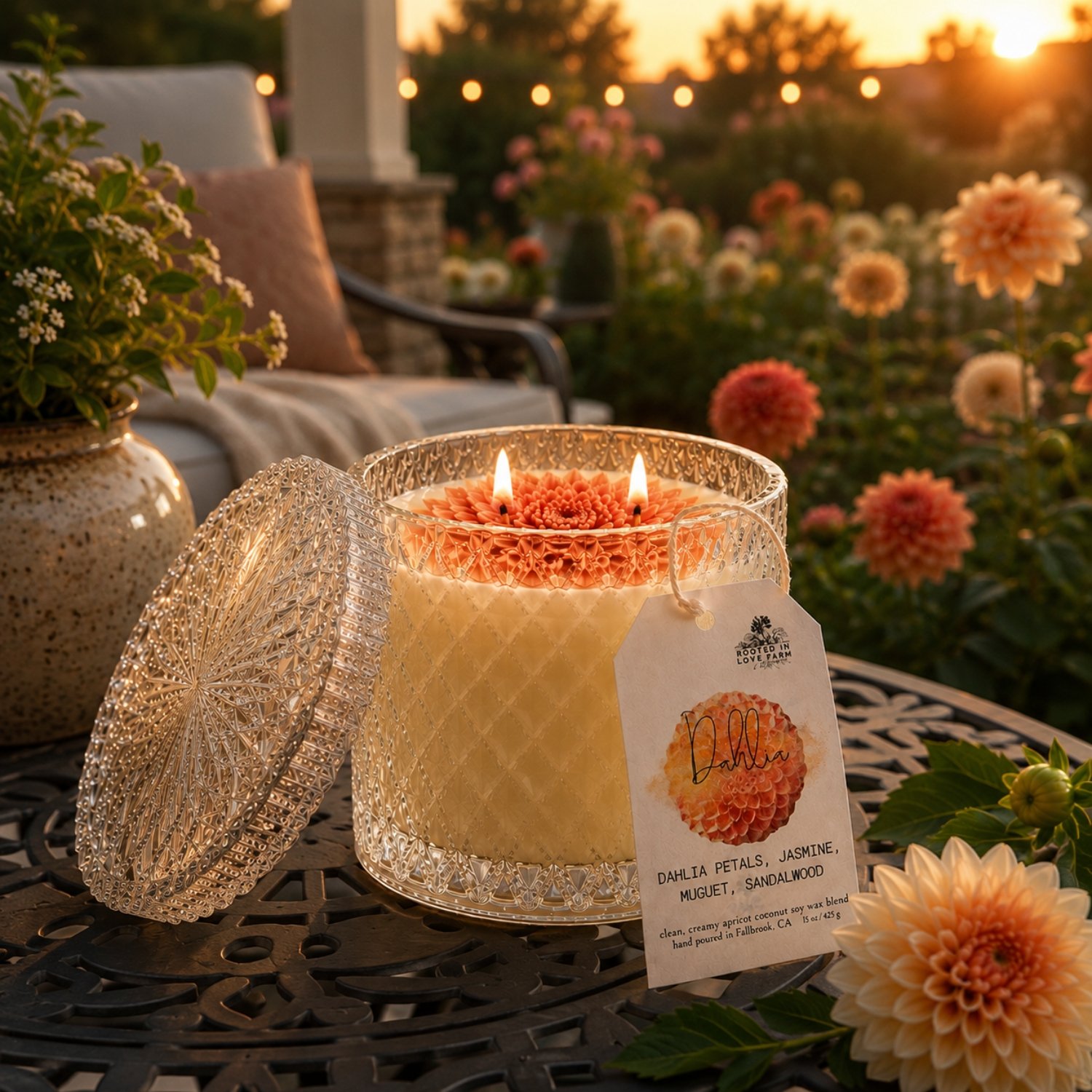 Dahlia 15 oz lit sunset garden in background.jpg