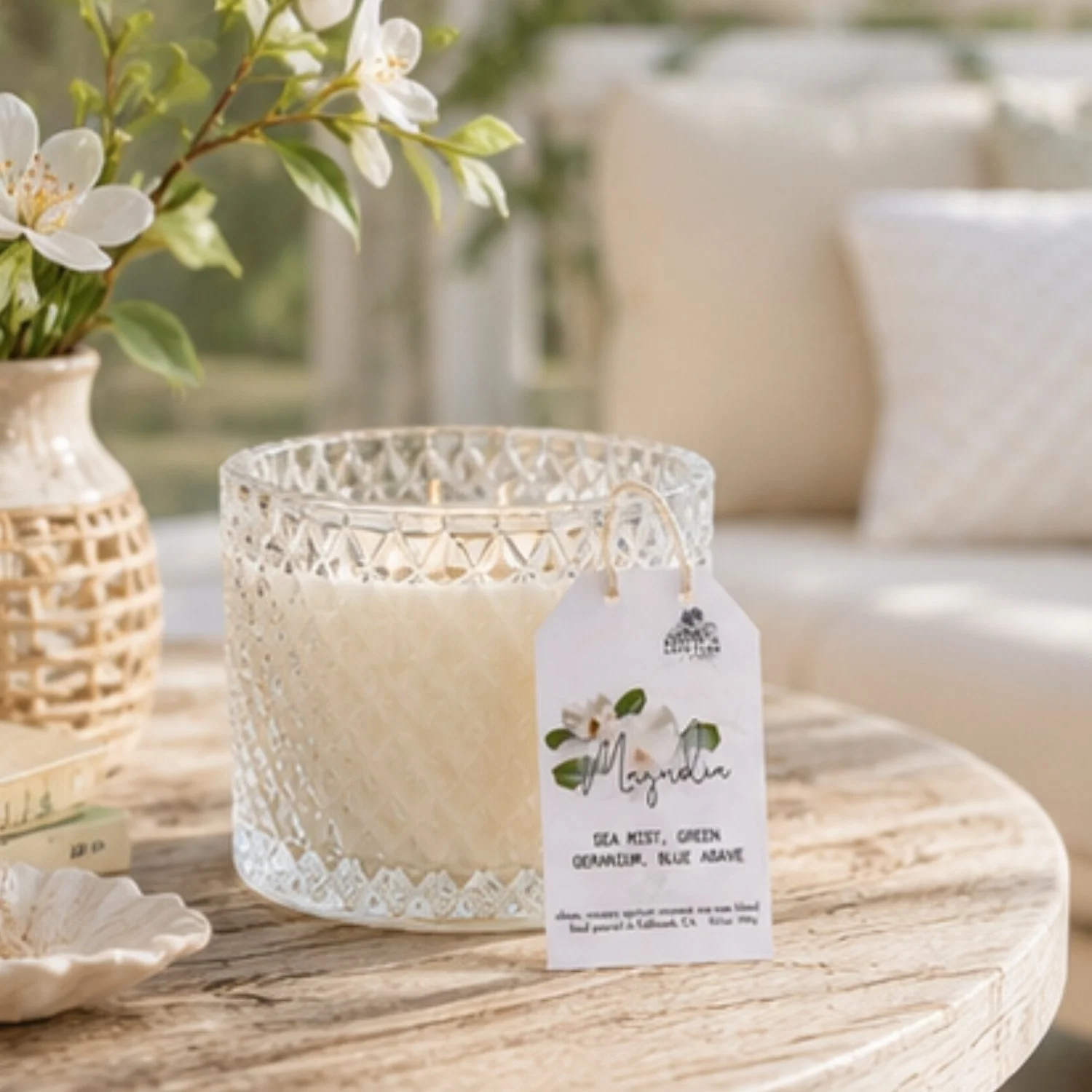 Magnolia candle 10.5 on living room table with soft lighting.jpg