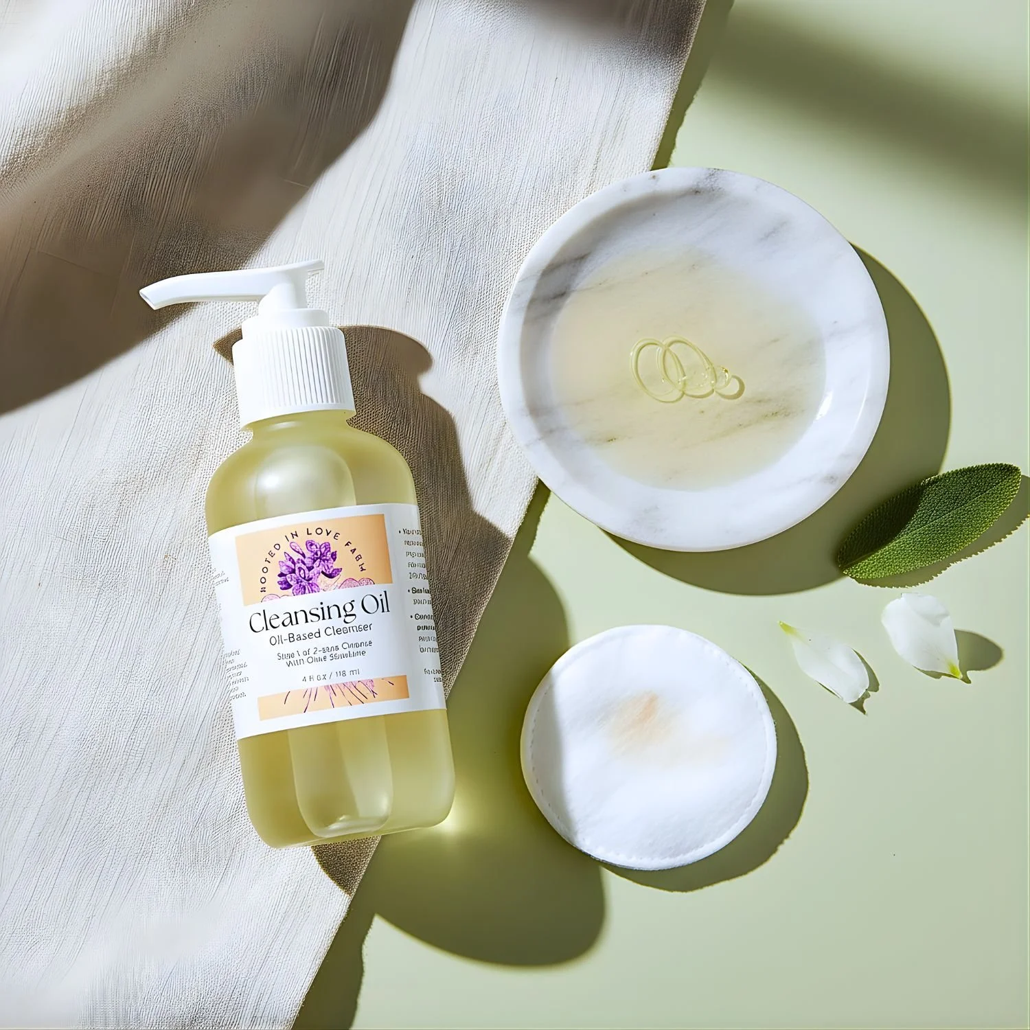 Cleansing Oil overhead view of bottle and oil in a dish.jpg