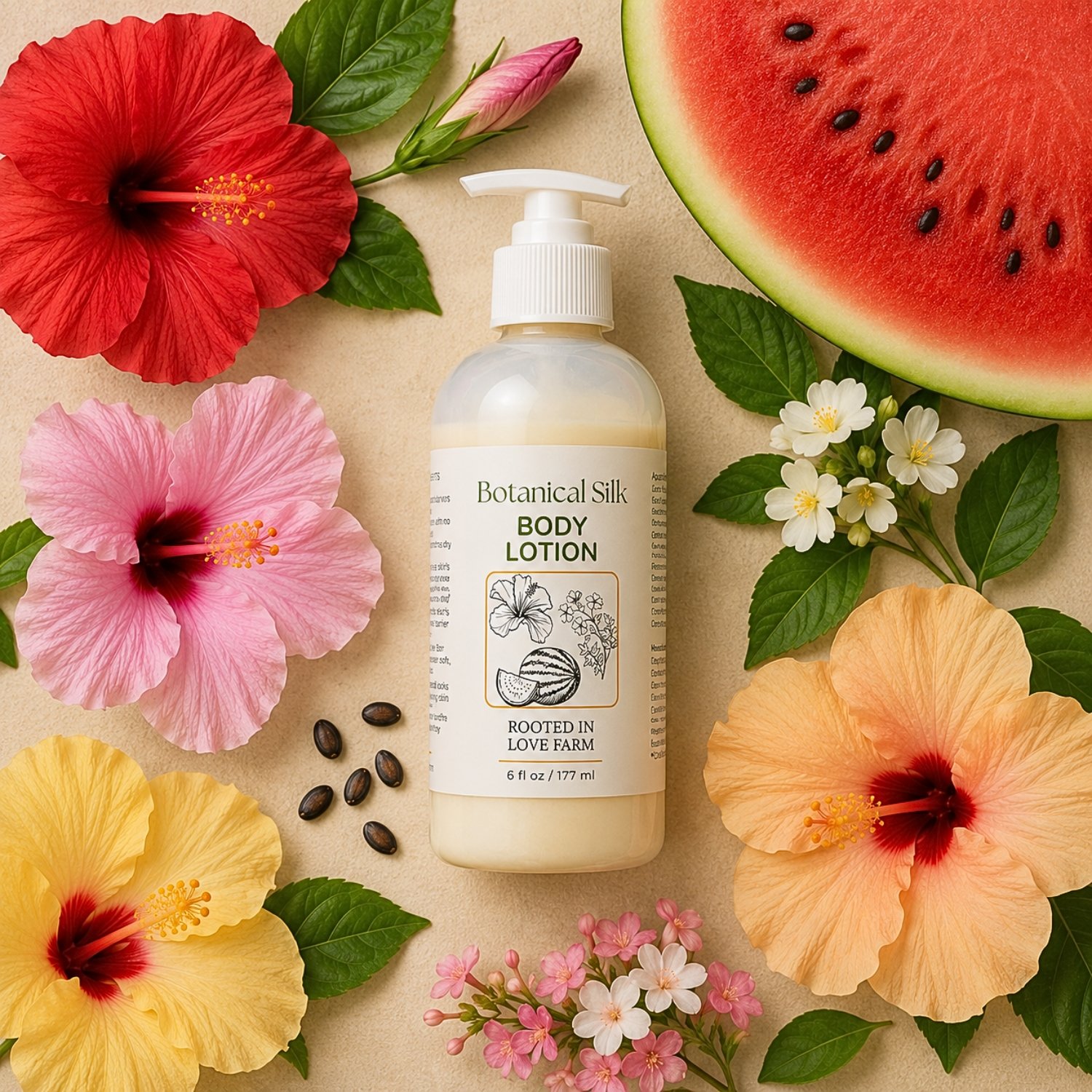 Botanical Silk Body Lotion flat lay with botanicals.jpg