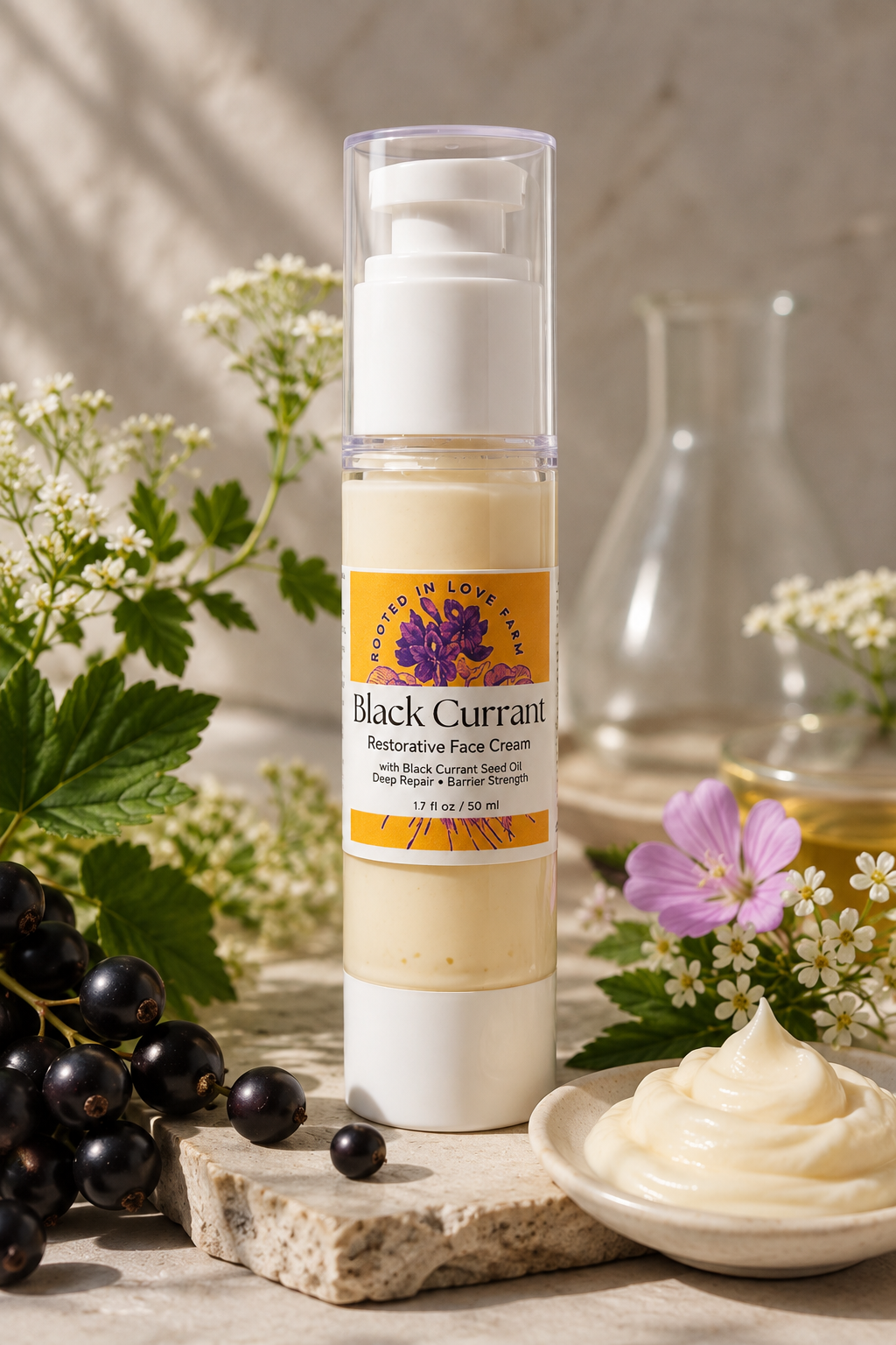 Black Currant Restorative Face Cream front view with beaker.png