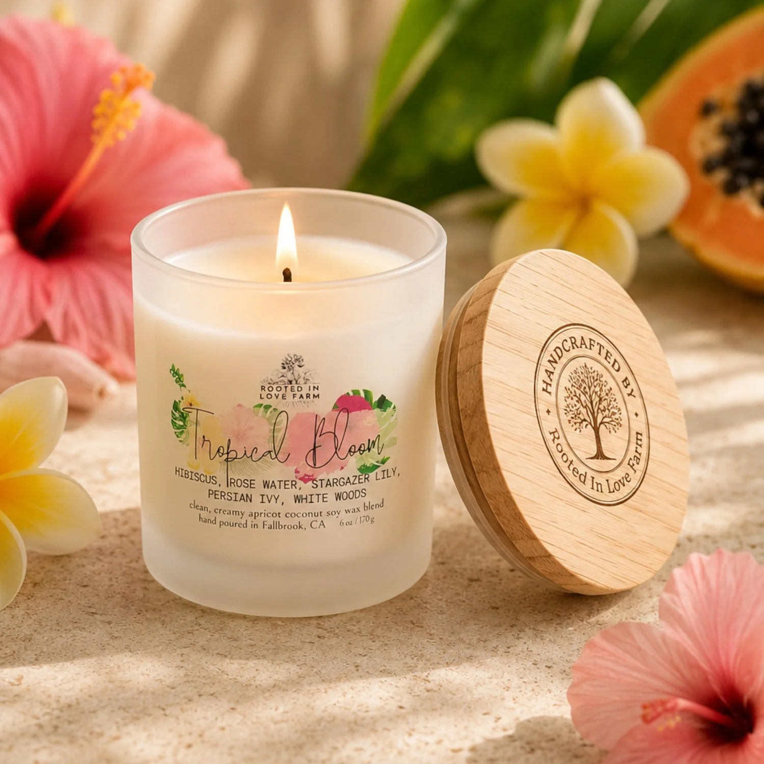 Tropical Bloom 6 oz lit with lid leaning.jpg