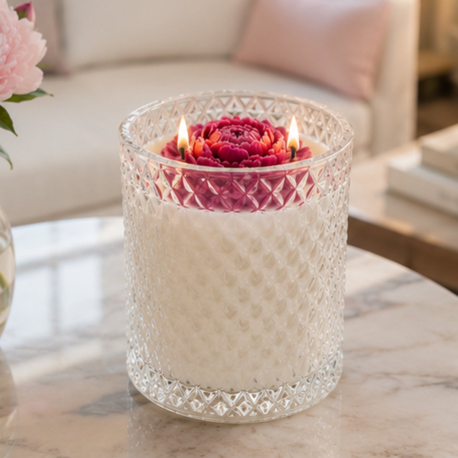 Pink Peony lit in living room.jpg