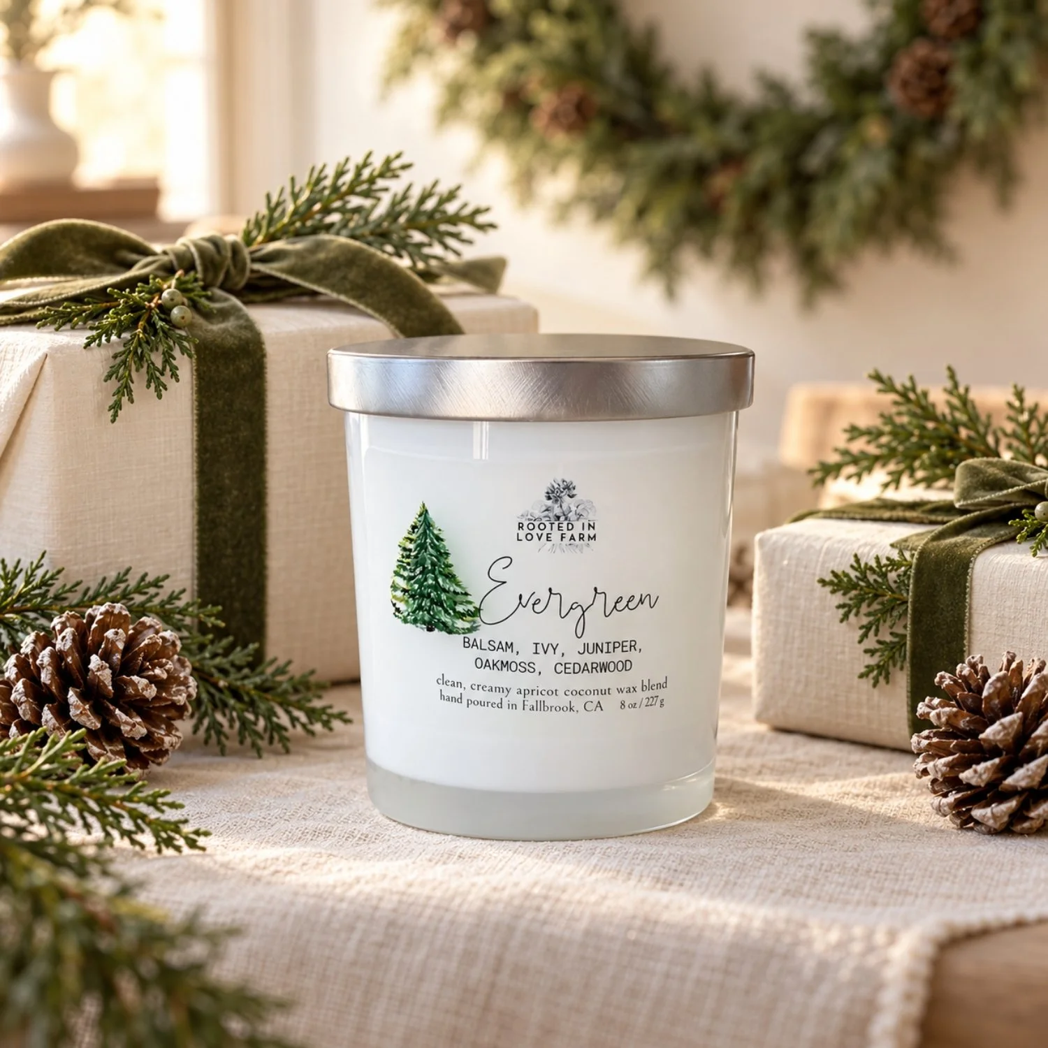 Evergreen Candle with pine cones and presents.jpg