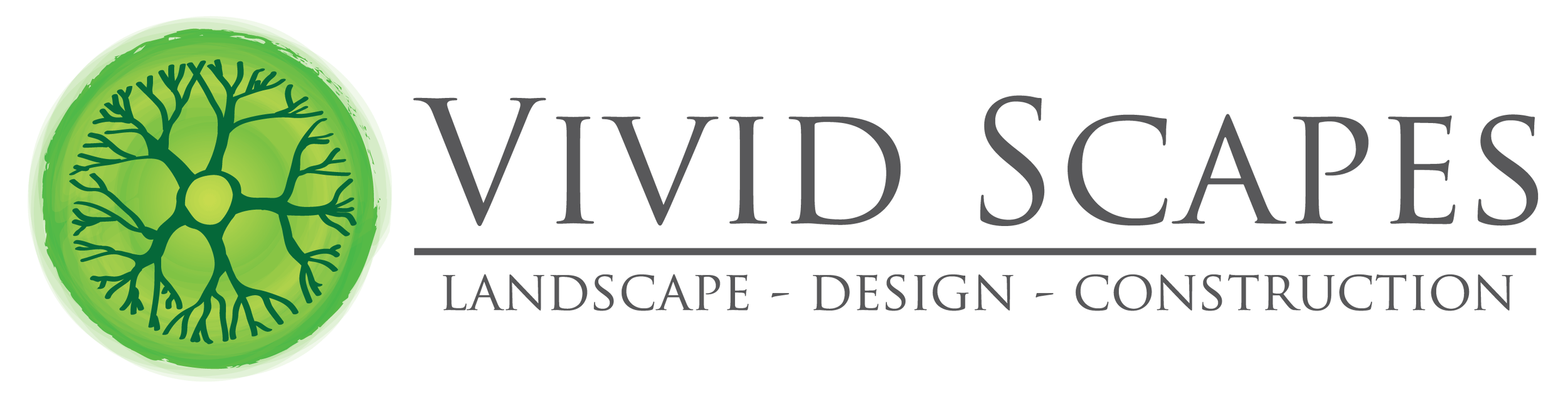 Logo for Vivid Scapes featuring a green circular emblem with a stylized tree and the company name with the tagline 'Landscape - Design - Construction'.