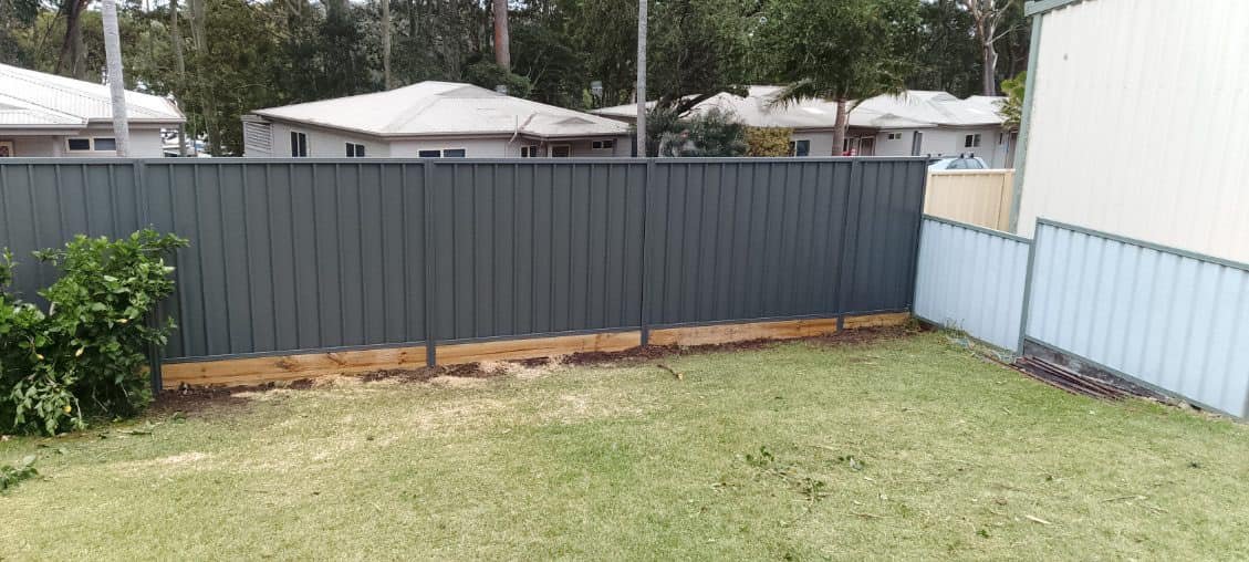 A backyard with a green lawn, a gray metal fence, and neighboring houses visible in the background.