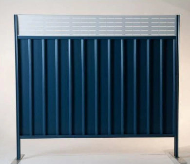 Blue and white metal bed headboard with vertical slats.