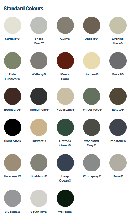 A chart displaying 20 standard colors in circular swatches with their names, including Surfmiat, Shale Grey, Gully, Jaaper, Evening Haze, Pale Eucalyptus, Wallaby, Manor Red, Domain, Basalt, Boundary, Monument, Paperbark, Wilderness, Estate, Night Sky, Harvest, Cottage Green, Woodland Grey, Ironstone, Riversand, Bushland, Deep Ocean, Windspray, Dune, Bluegum, Southerly, Wollemi.