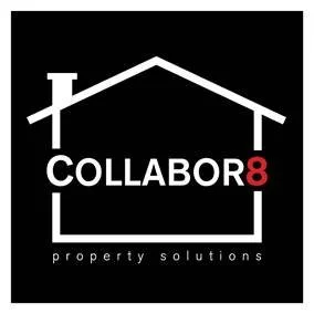 Logo for Collab8 property solutions featuring a stylized house outline with the company name and a red number 8.