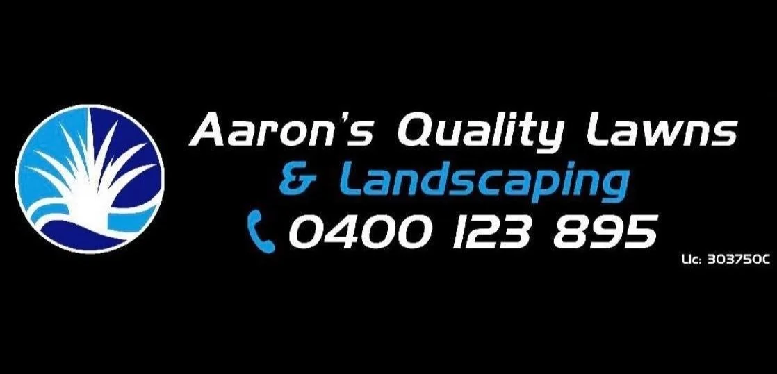 Business card for Aaron's Quality Lawns & Landscaping with a logo of a white plant inside a blue circle, a phone number, and a license number on a black background.