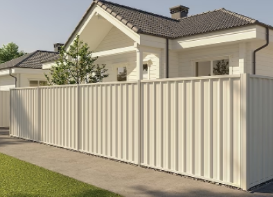 White privacy fence in front of a house with a dark tiled roof and a small tree nearby.