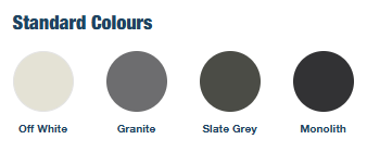 A color palette showing four standard colors: Off White, Granite, Slate Grey, and Monolith.
