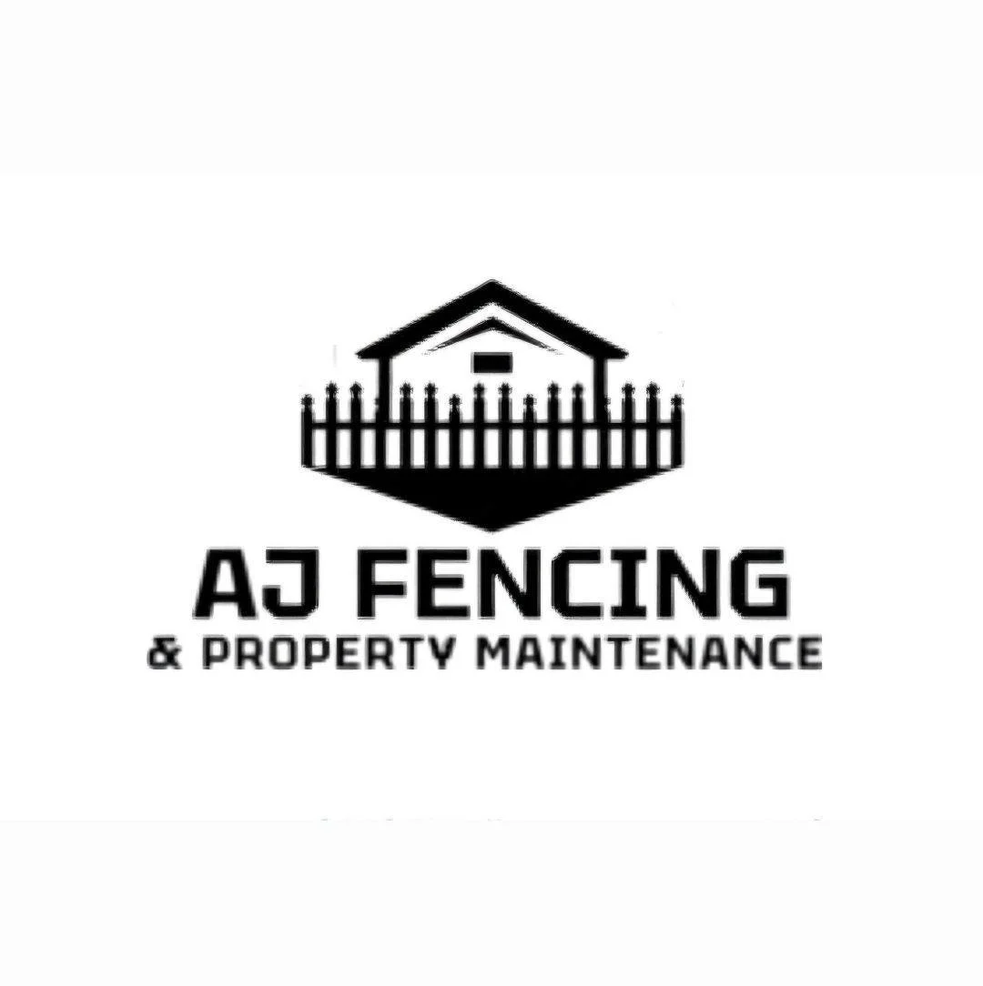 Black and white logo for AJ Fencing & Property Maintenance featuring a house with a fence.